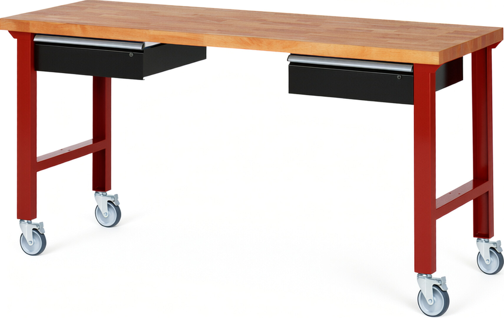 Fahrbare Werkbank Modell 7002 rot - schwarz, BxTxH 2000x700x1000 mm,  Buche-Massiv Arbeitsplatte 40 mm,  2 Schubladen mit  Auszug 90 %