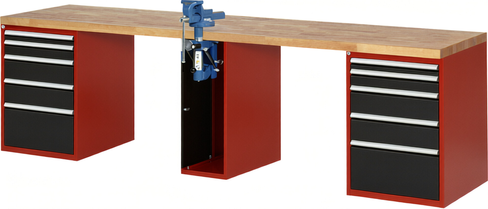 Werkbank Modell 7511 rot - schwarz, BxTxH 3000x700x890 mm,  Buche-Massiv Arbeitsplatte 40 mm,  10 Schubladen mit  Vollauszug 100 % und  SoftClosing