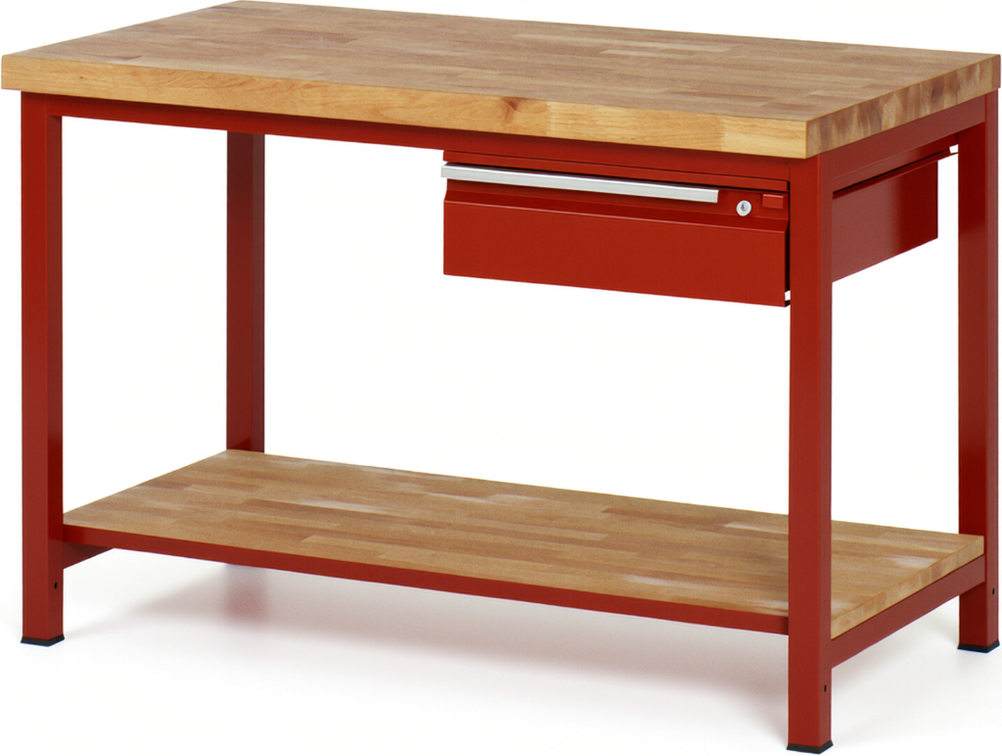 Werkbank - Modell 8001 BASIC rot, BxTxH 1250x700x840-1040 mm,  Buche-Massiv Arbeitsplatte 40 mm,  1 Schublade mit  Auszug 90 %