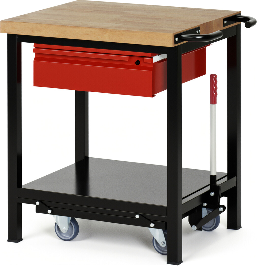 RAU Werkbank schwarz - rot - Breite 75 cm - Tiefe 70 cm - Höhe 88 cm - Buche-Massiv Arbeitsplatte 40 mm