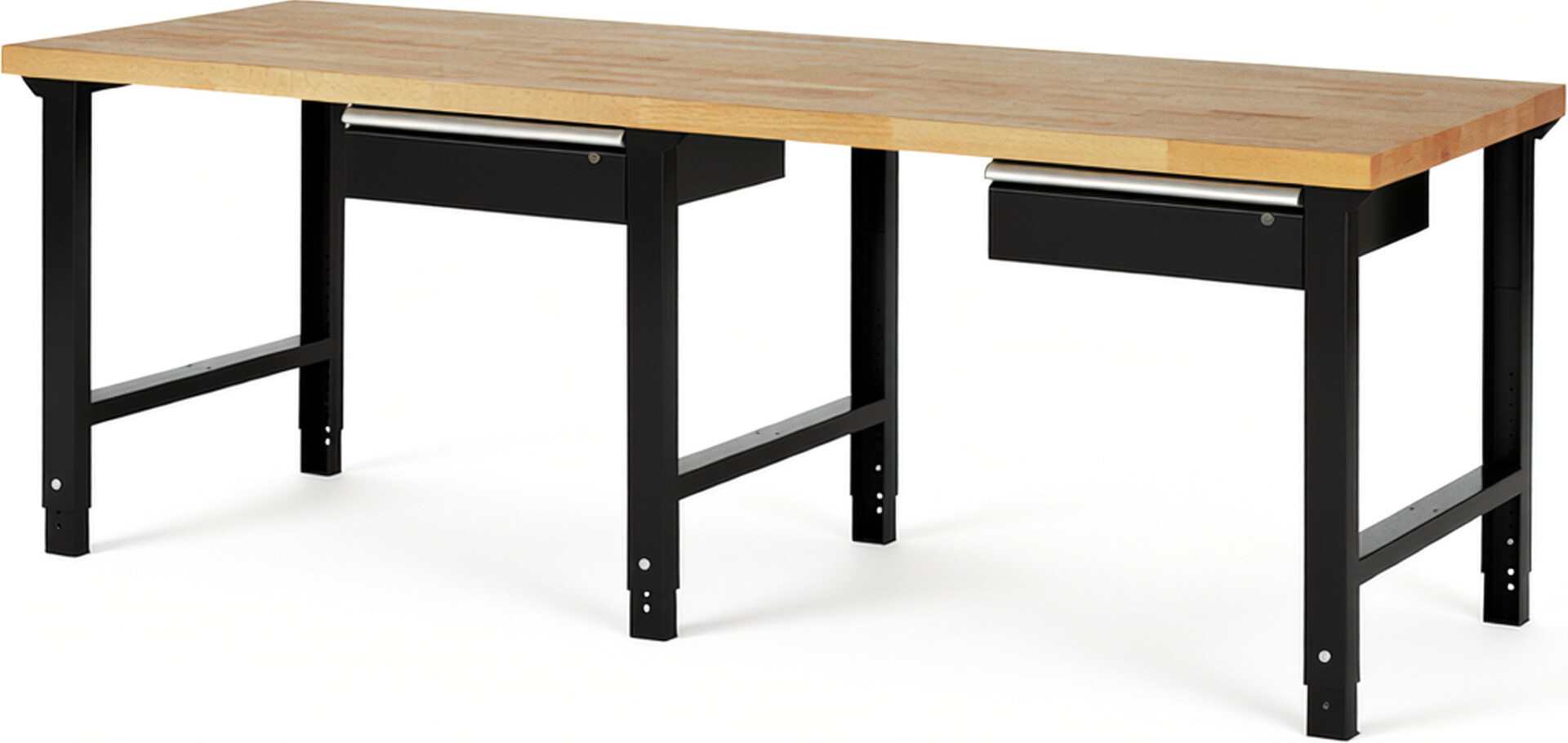 Werkbank Modell 7001 schwarz, BxTxH 2500x900x790-1140 mm,  Buche-Massiv Arbeitsplatte 40 mm,  2 Schubladen mit  Auszug 90 %