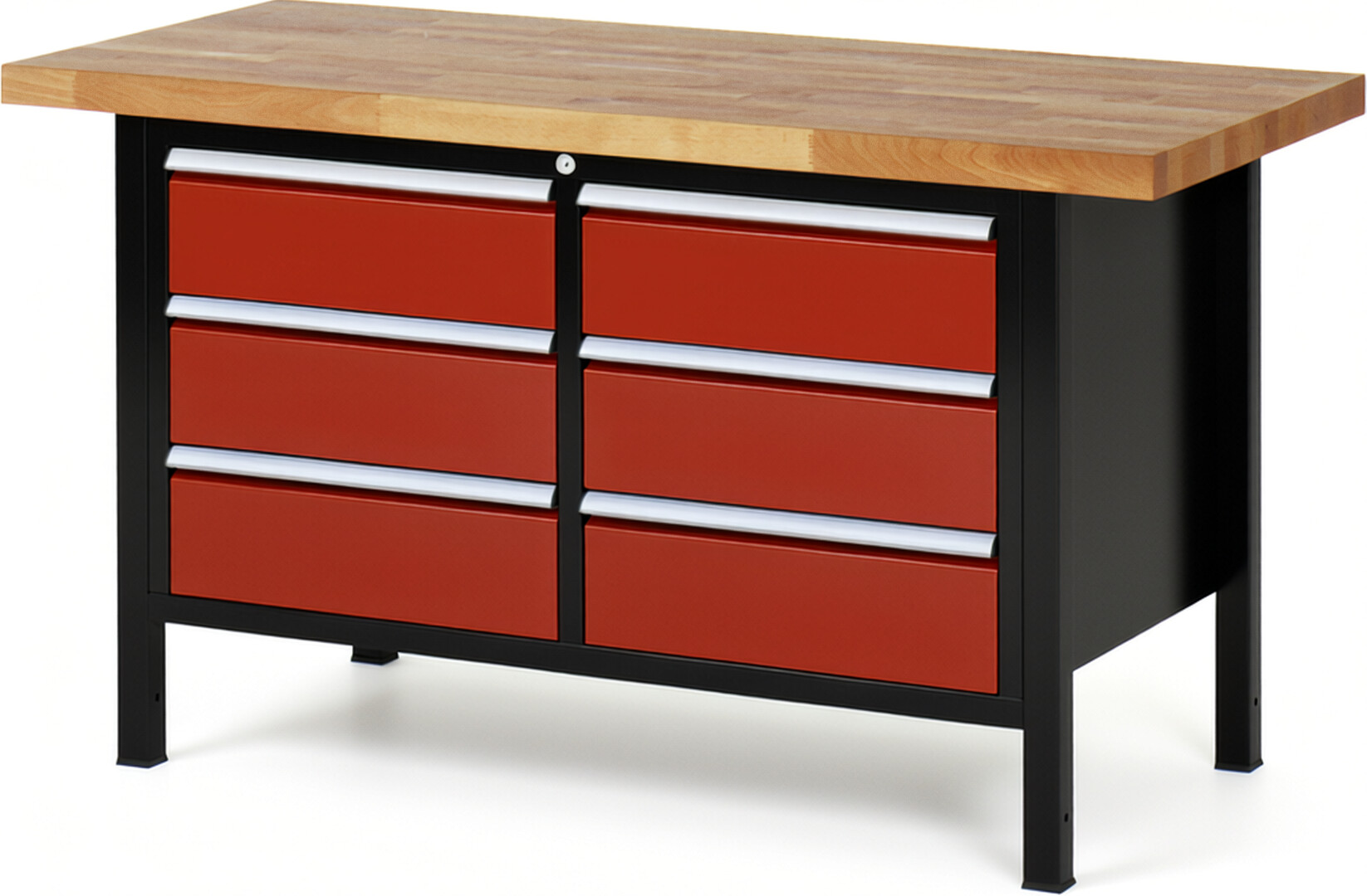 RAU Werkbank schwarz - rot - Breite 150 cm - Tiefe 70 cm - Höhe 104 cm - Buche-Massiv Arbeitsplatte 40 mm