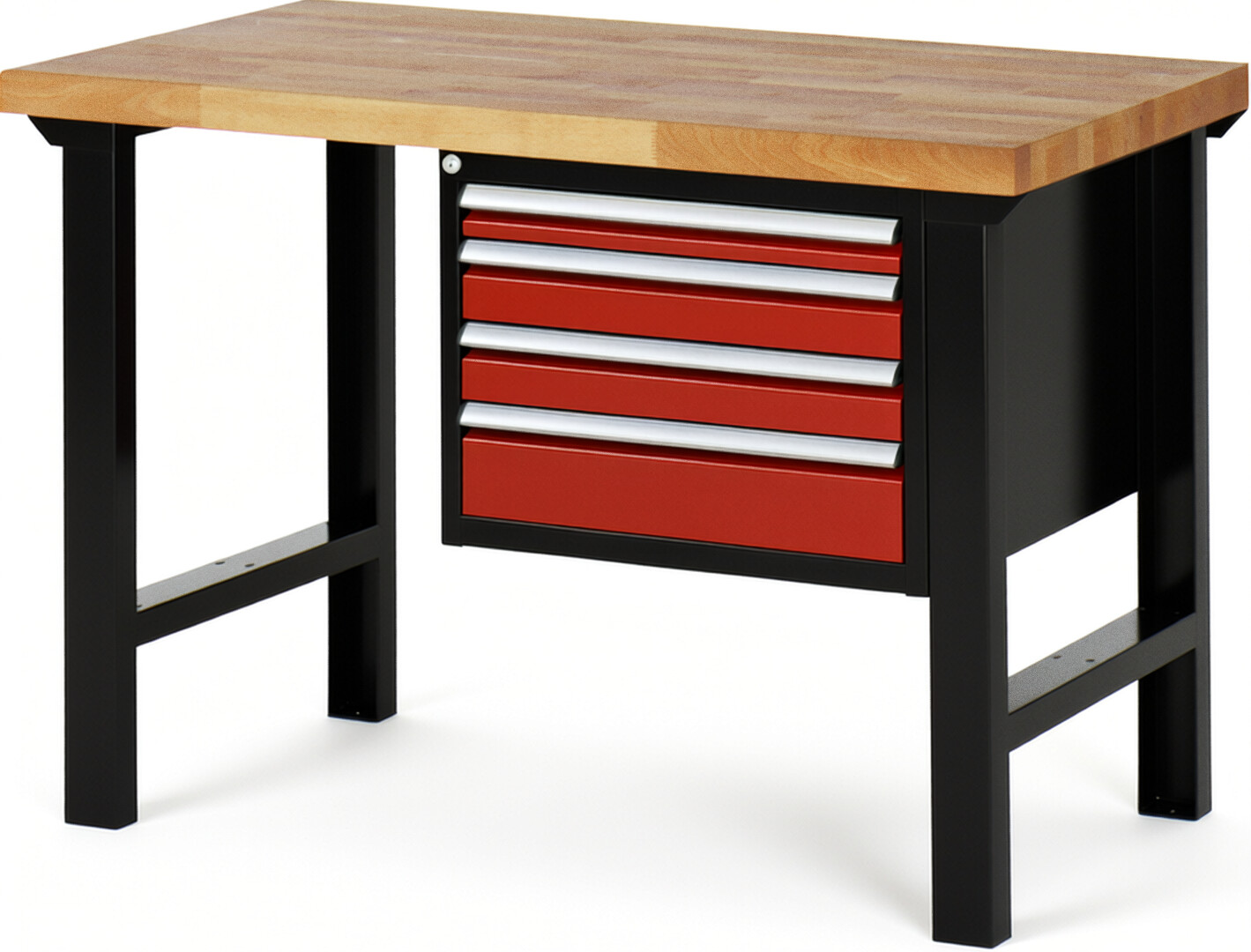 RAU Werkbank schwarz - rot - Breite 125 cm - Tiefe 70 cm - Höhe 84 cm - Buche-Massiv Arbeitsplatte 40 mm