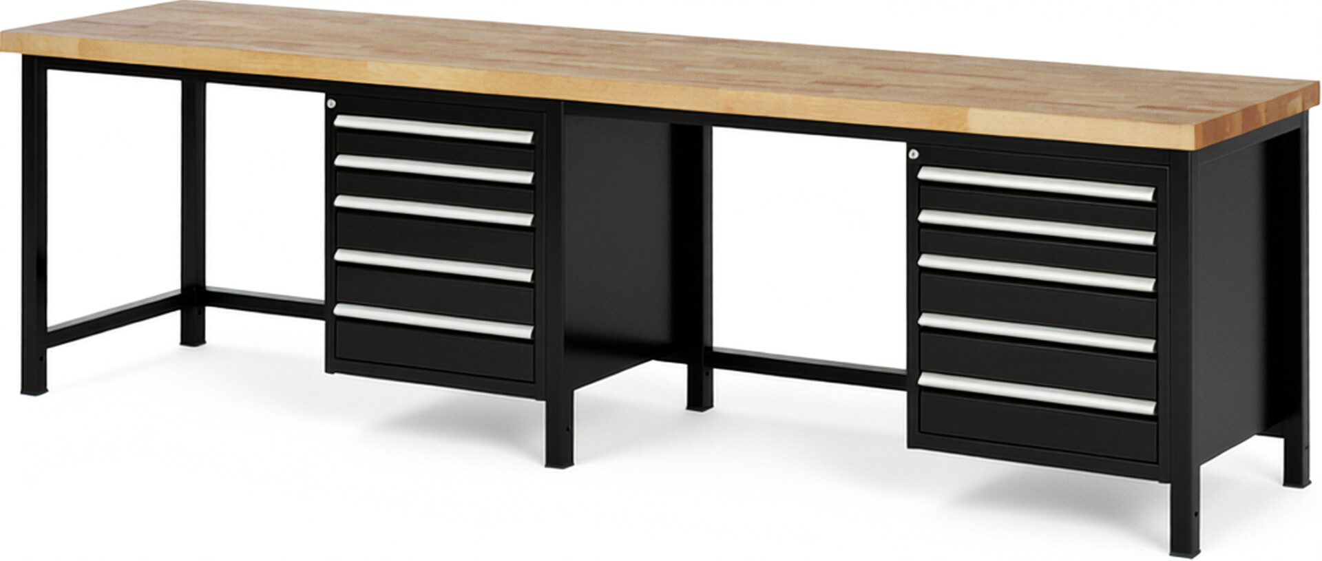 Werkbank Modell 8171 schwarz, BxTxH 3000x700x840-1040 mm,  Buche-Massiv Arbeitsplatte 40 mm,  10 Schubladen mit  Vollauszug 100 % und  SoftClosing