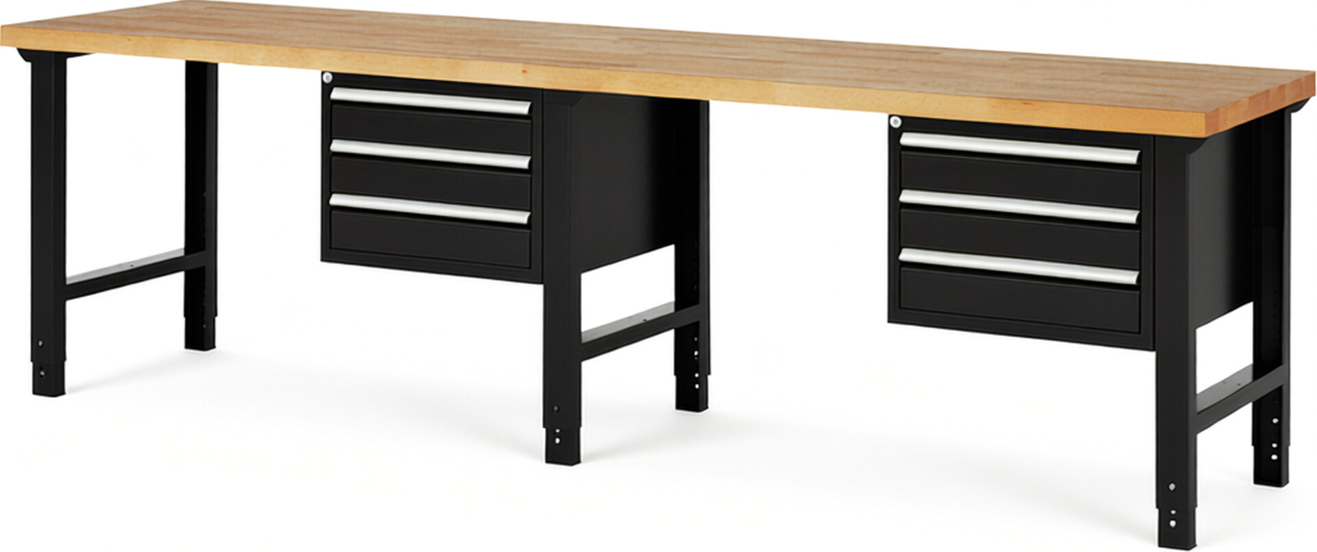 Werkbank Modell 7127 schwarz, BxTxH 3000x700x790-1140 mm,  Buche-Massiv Arbeitsplatte 40 mm,  6 Schubladen mit  Vollauszug 100 % und  SoftClosing