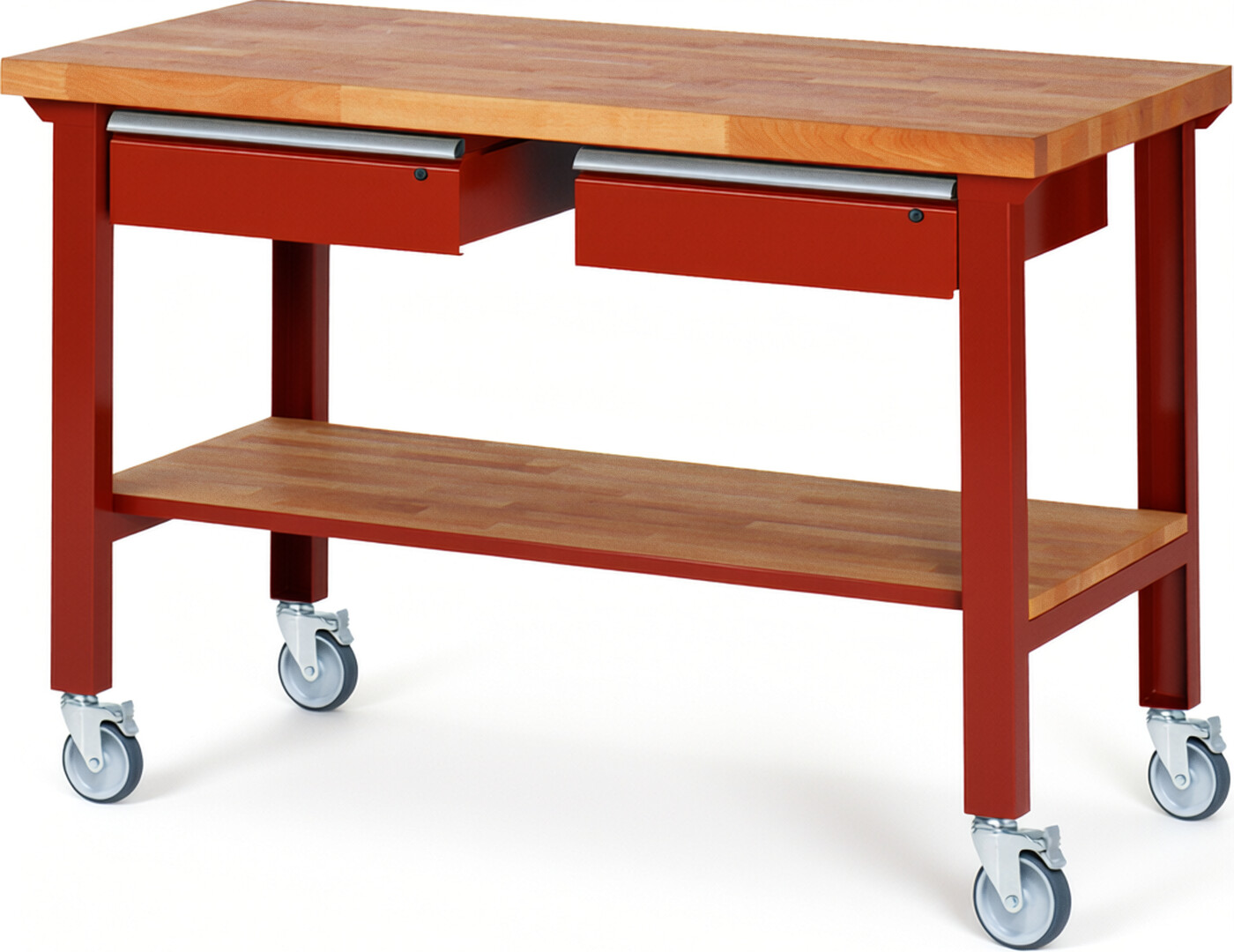 Fahrbare Werkbank Modell 7002 rot, BxTxH 1500x700x1000 mm,  Buche-Massiv Arbeitsplatte 40 mm,  2 Schubladen mit  Auszug 90 %