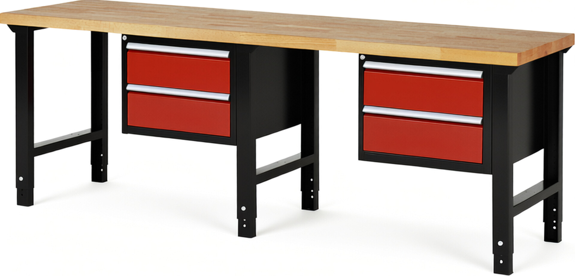 RAU Werkbank schwarz - rot - Breite 250 cm - Tiefe 70 cm - Höhe 114 cm - Buche-Massiv Arbeitsplatte 40 mm