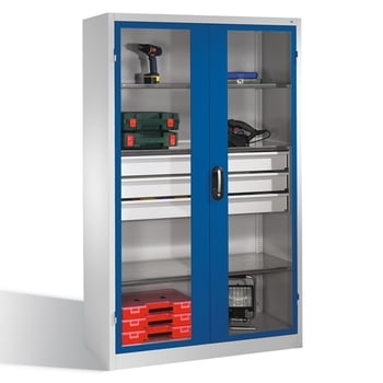 C+P Großraum Werkzeugschrank mit Sichtfenstertüren, 3 Fachböden, 3 Schubladen mittig, Farbe lichtgrau/enzianblau, 1.950 x 1.200 x 500 (HxBxT)