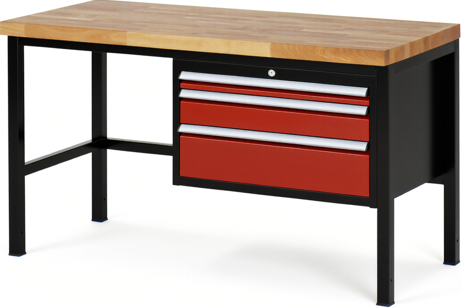 Werkbank Modell 8226 schwarz-rot, BxTxH 1500x700x840-1040 mm,  Buche-Massiv Arbeitsplatte 40 mm,  3 Schubladen mit  Vollauszug 100 % und  SoftClosing