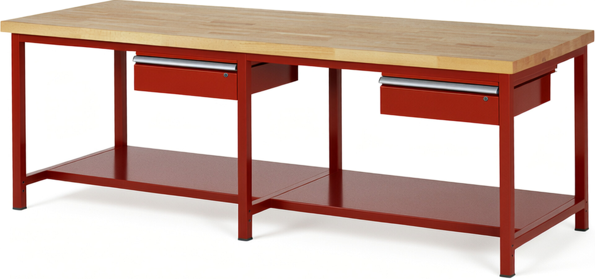 Werkbank Modell 8001 rot, BxTxH 2500x900x840 mm,  Buche-Massiv Arbeitsplatte 40 mm,  2 Schubladen mit  Auszug 90 %