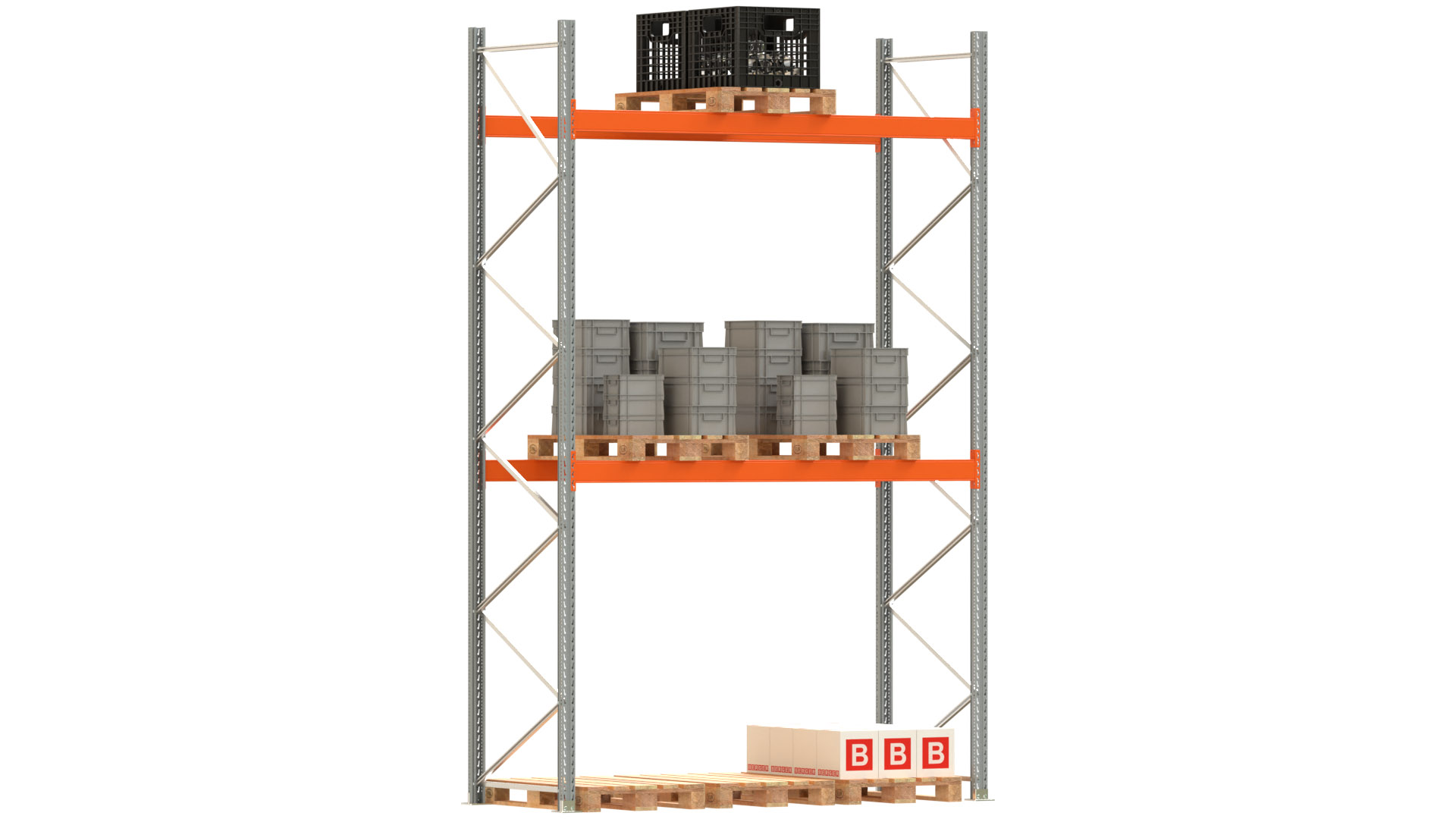 Palettenregal ARTUS - Breite 287 cm - Höhe 450 cm - Tiefe 110 cm - 2 Träger-Ebenen - Fachlast 3000 kg - 9 Palettenstellplätze