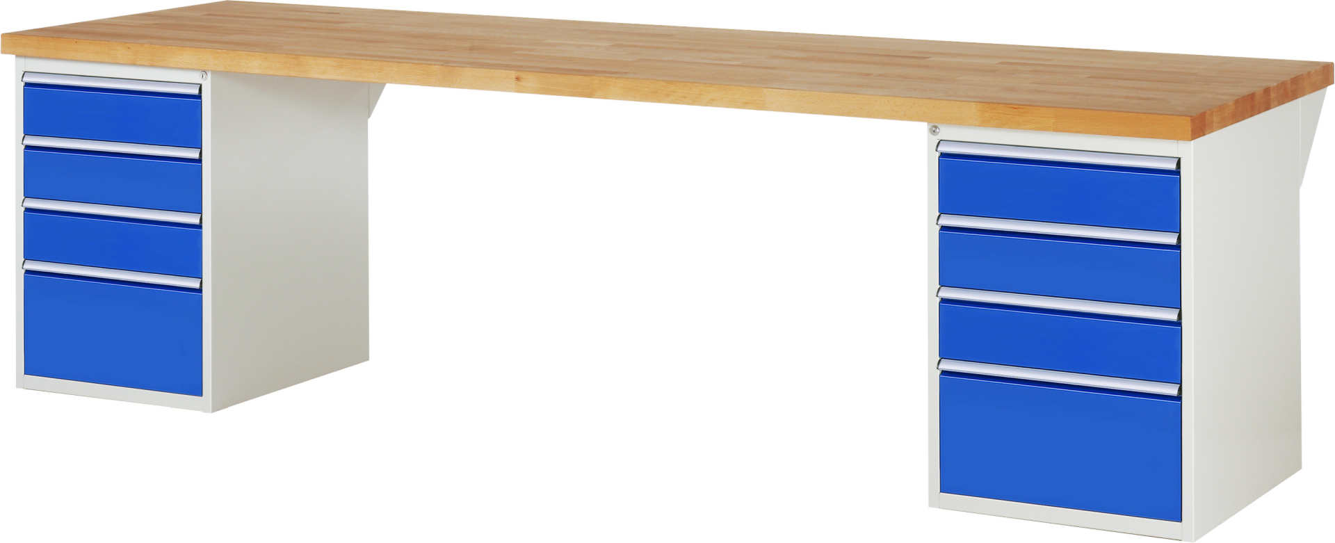 Werkbank Modell 7510 rot - schwarz, BxTxH 3000x900x840 mm,  Buche-Massiv Arbeitsplatte 40 mm,  8 Schubladen mit  Vollauszug 100 % und  SoftClosing