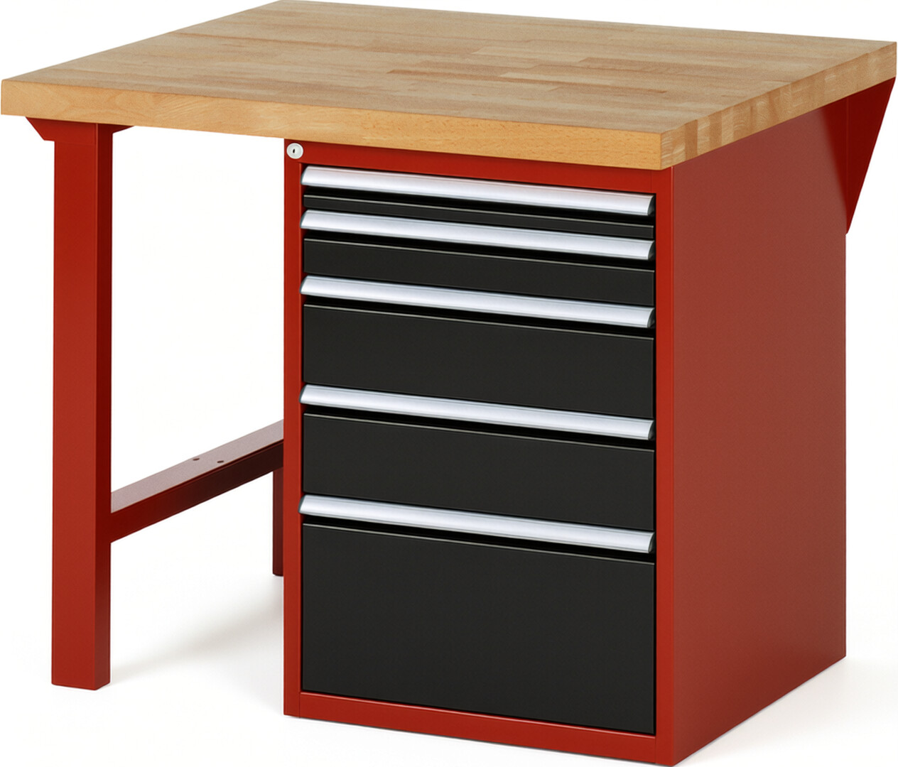 Werkbank Modell 7511 rot - schwarz, BxTxH 1000x900x840 mm,  Buche-Massiv Arbeitsplatte 40 mm,  5 Schubladen mit  Vollauszug 100 % und  SoftClosing