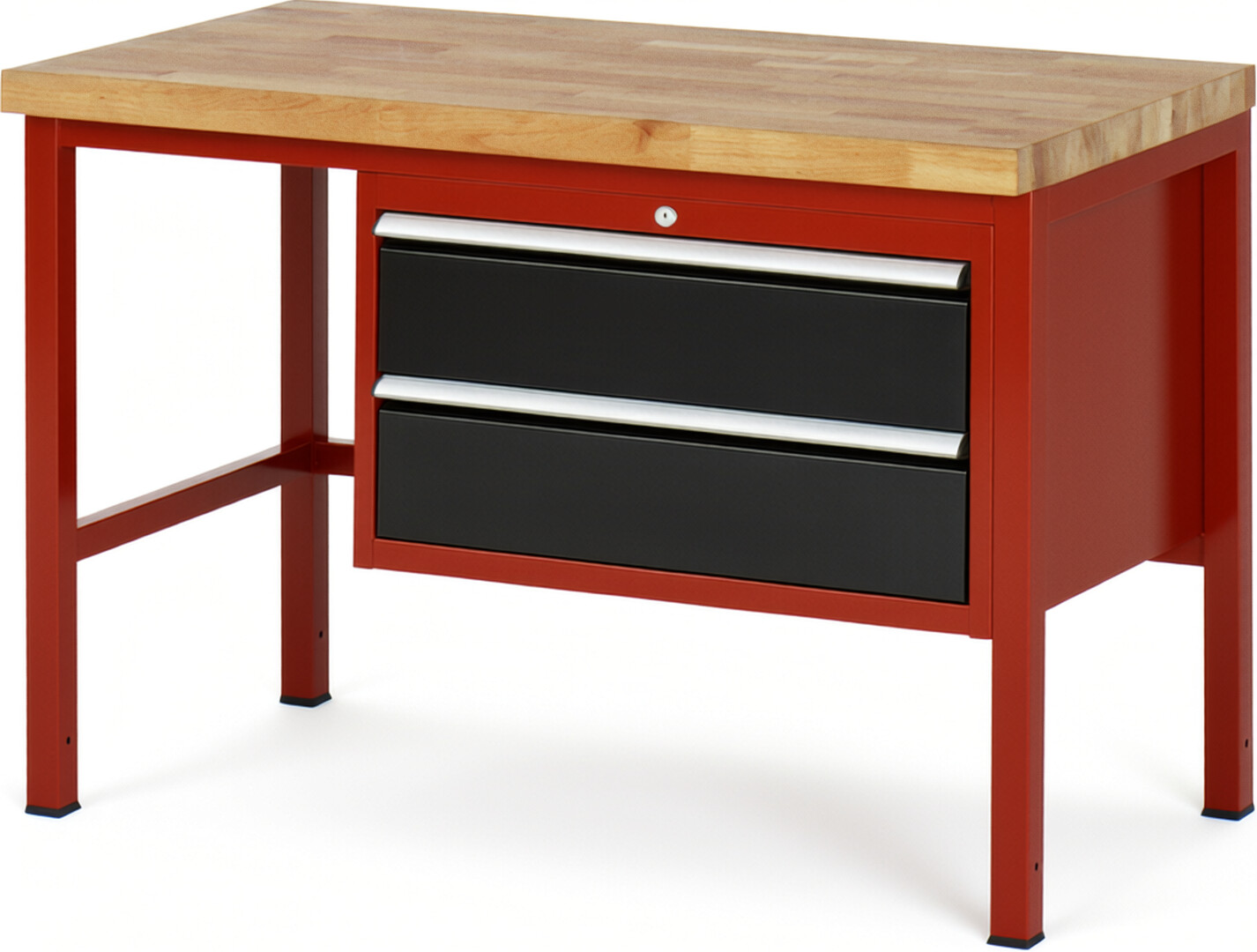 Werkbank Modell 8225 rot - schwarz, BxTxH 1250x700x840 mm,  Buche-Massiv Arbeitsplatte 40 mm,  2 Schubladen mit  Vollauszug 100 % und  SoftClosing