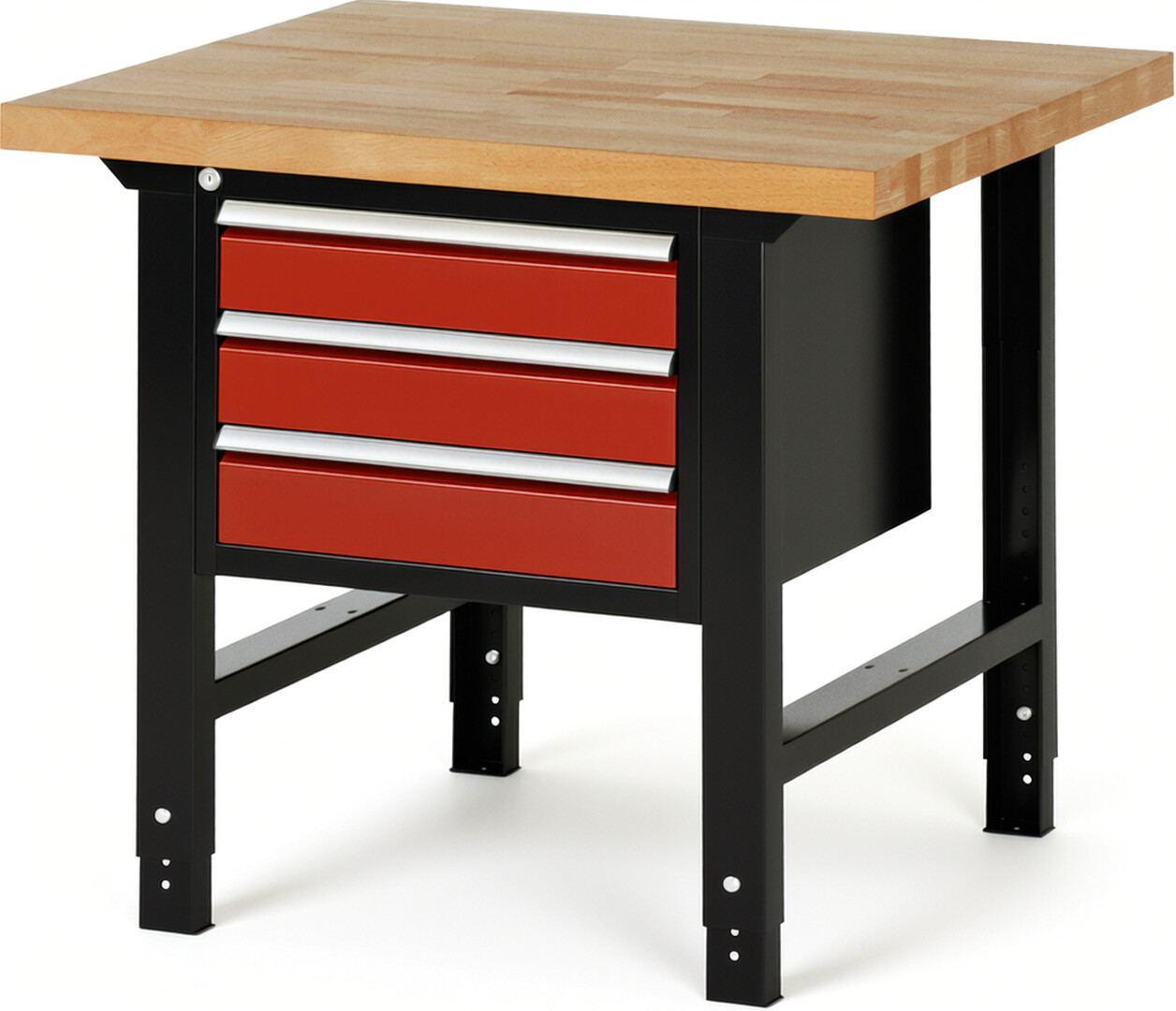 Werkbank Modell 7127 schwarz-rot, BxTxH 1000x900x790-1140 mm,  Buche-Massiv Arbeitsplatte 40 mm,  3 Schubladen mit  Vollauszug 100 % und  SoftClosing