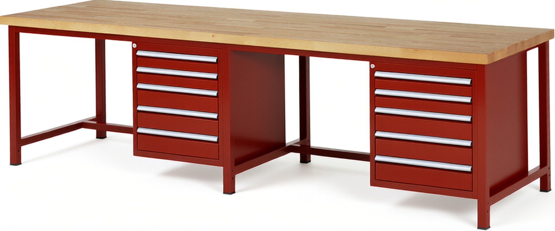 Werkbank Modell 8171 rot, BxTxH 3000x900x840 mm,  Buche-Massiv Arbeitsplatte 40 mm,  10 Schubladen mit  Auszug 90 %