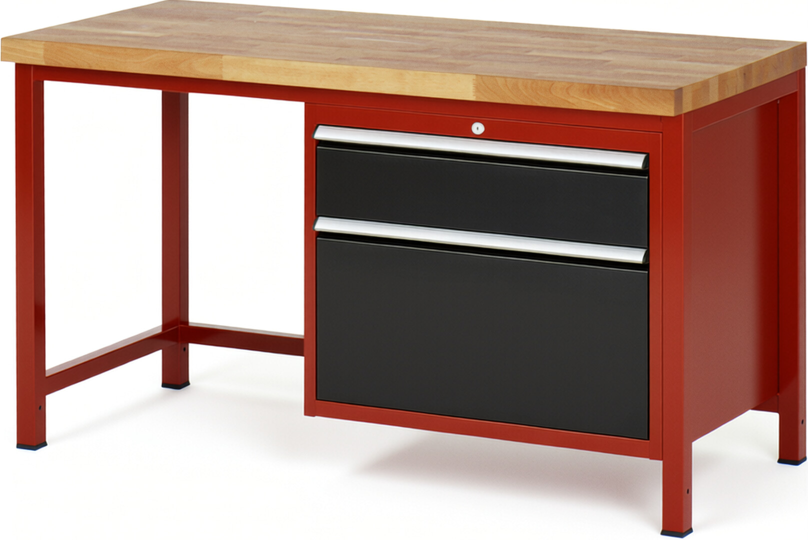 Werkbank Modell 8256 rot - schwarz, BxTxH 1500x700x840-1040 mm,  Buche-Massiv Arbeitsplatte 40 mm,  2 Schubladen mit  Auszug 90 %
