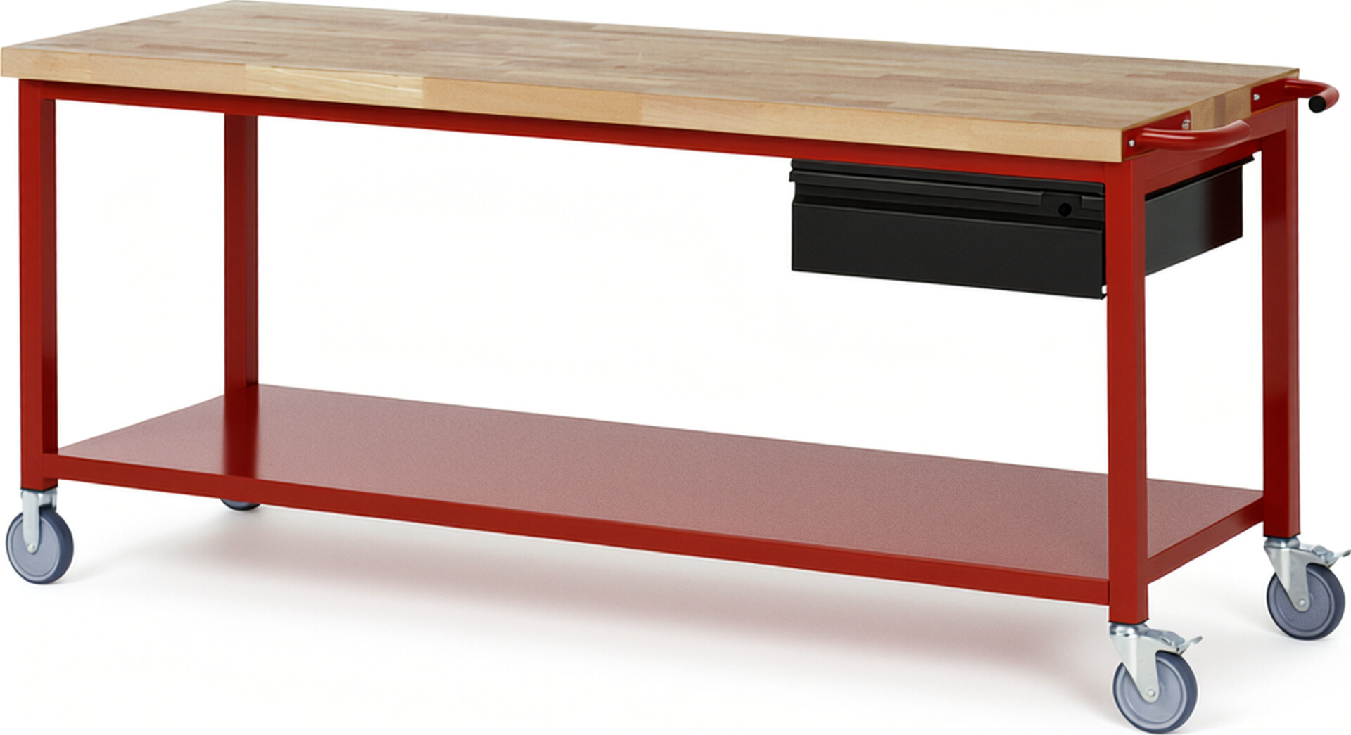 Fahrbare Werkbank - Modell 8001 BASIC rot - schwarz, BxTxH 2000x700x880 mm,  Buche-Massiv Arbeitsplatte 40 mm,  1 Schublade mit  Auszug 90 %