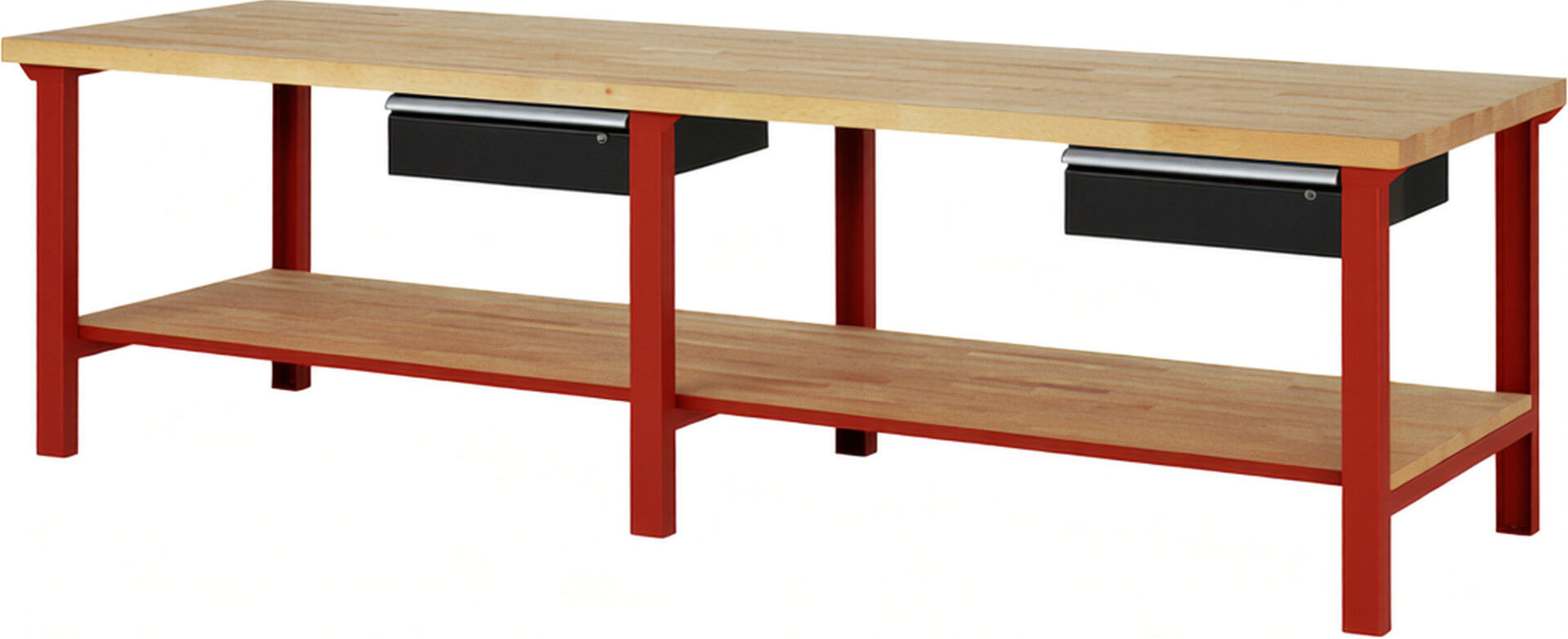 Werkbank Modell 7001 rot - schwarz, BxTxH 3000x900x840 mm,  Buche-Massiv Arbeitsplatte 40 mm,  2 Schubladen mit  Auszug 90 %
