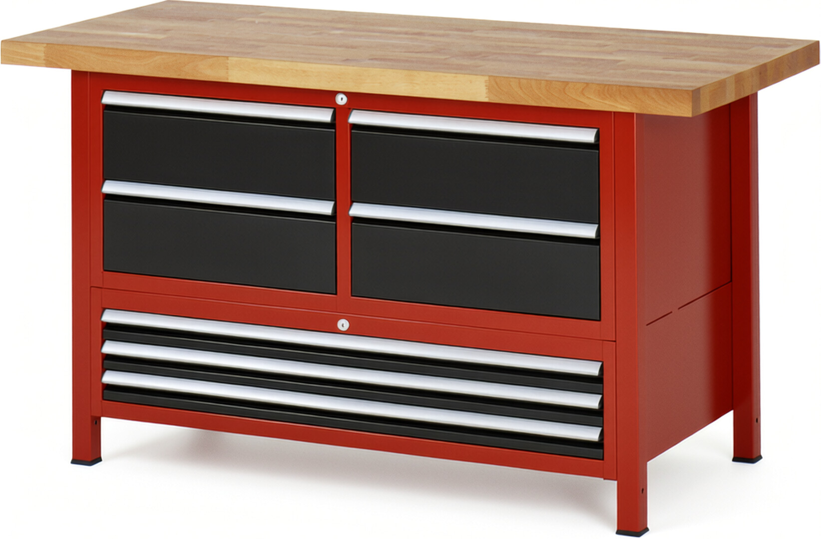 Werkbank Modell 8934 rot - schwarz, BxTxH 1500x700x840 mm,  Buche-Massiv Arbeitsplatte 40 mm,  7 Schubladen mit  Auszug 90 %