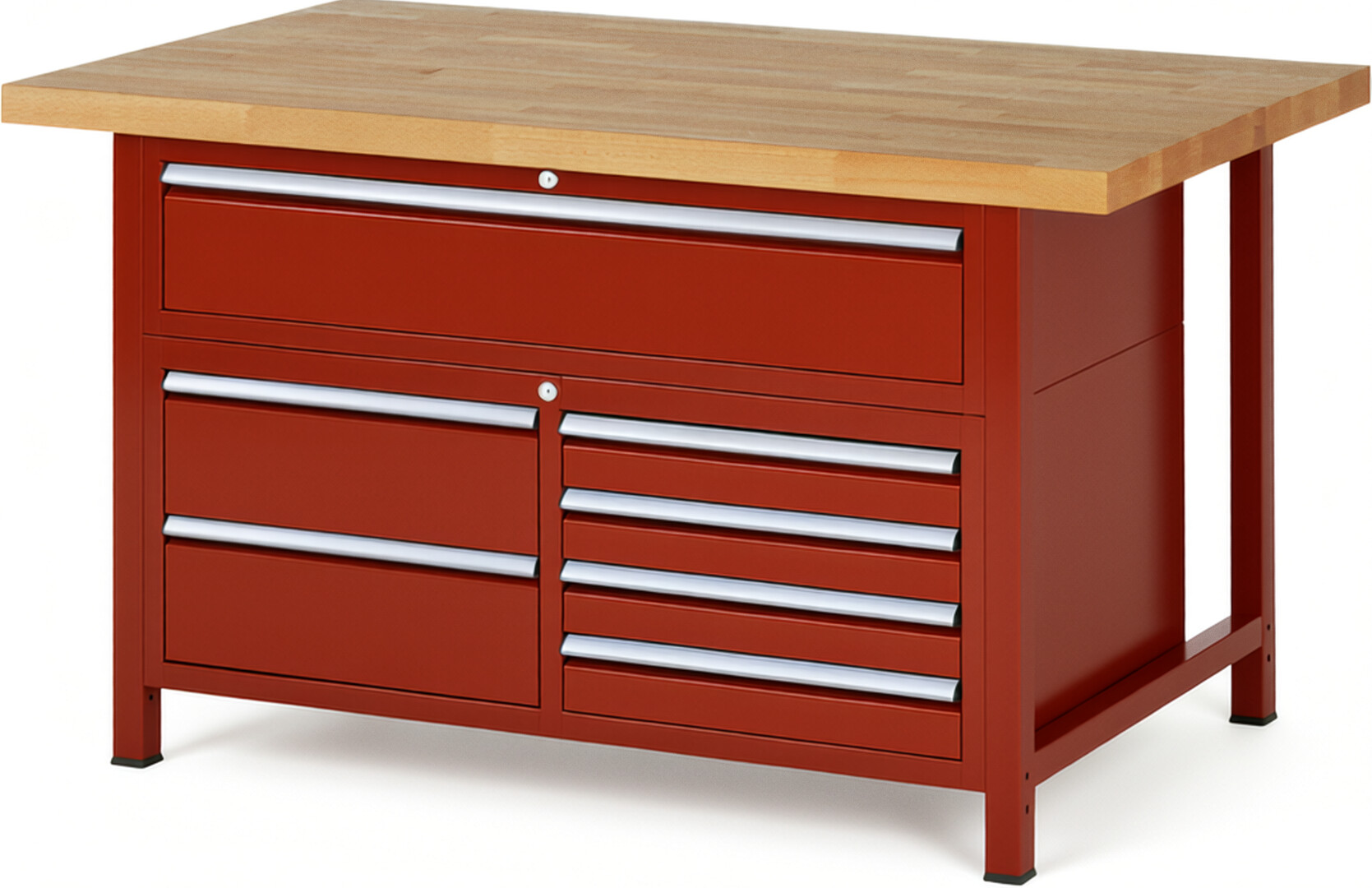 RAU Werkbank rot - Breite 150 cm - Tiefe 90 cm - Höhe 104 cm - Buche-Massiv Arbeitsplatte 40 mm