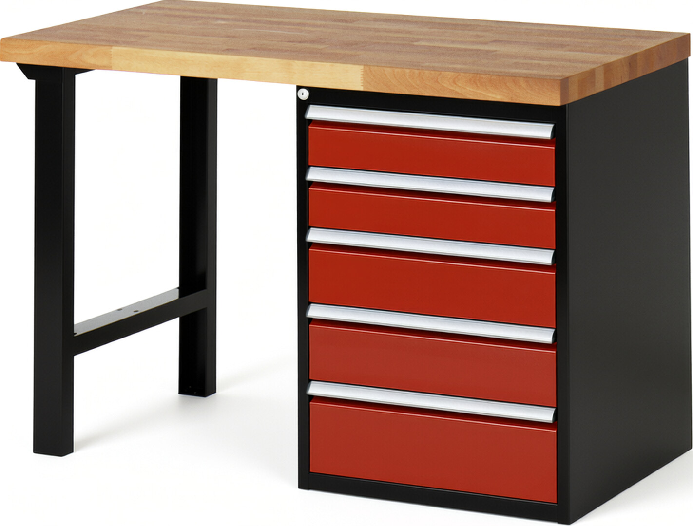 RAU Werkbank schwarz - rot - Breite 125 cm - Tiefe 70 cm - Höhe 89 cm - Buche-Massiv Arbeitsplatte 40 mm