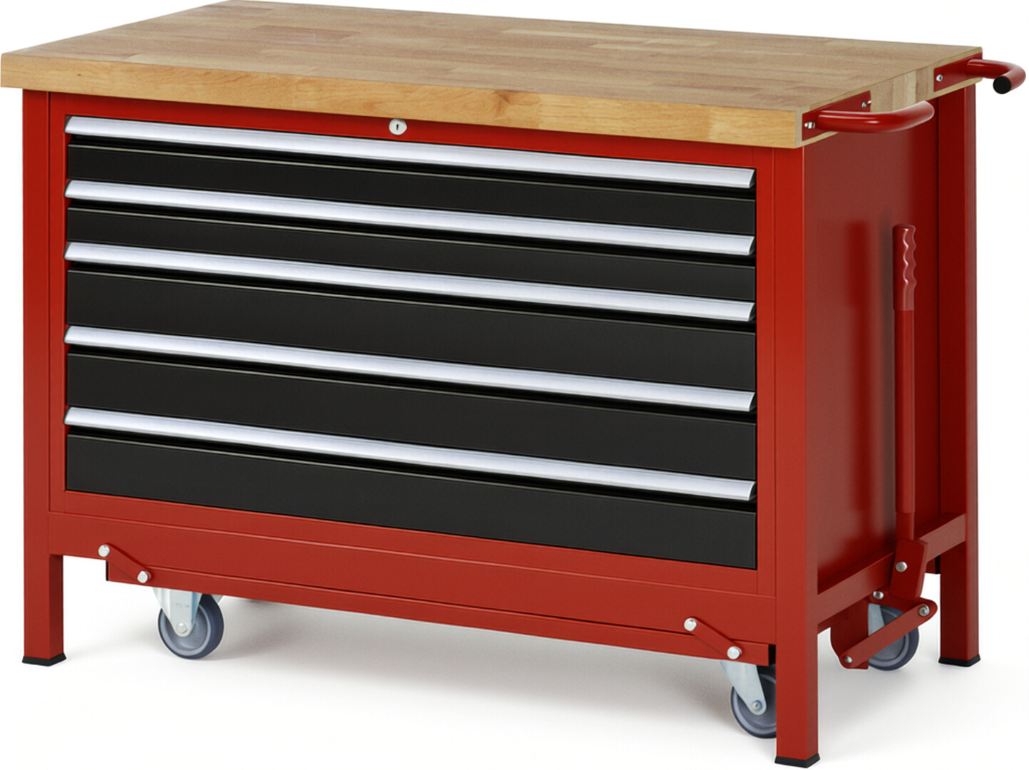 Absenkbare Werkbank Modell 8371 rot - schwarz, BxTxH 1250x700x880 mm,  Buche-Massiv Arbeitsplatte 40 mm,  5 Schubladen mit  Vollauszug 100 % und  SoftClosing