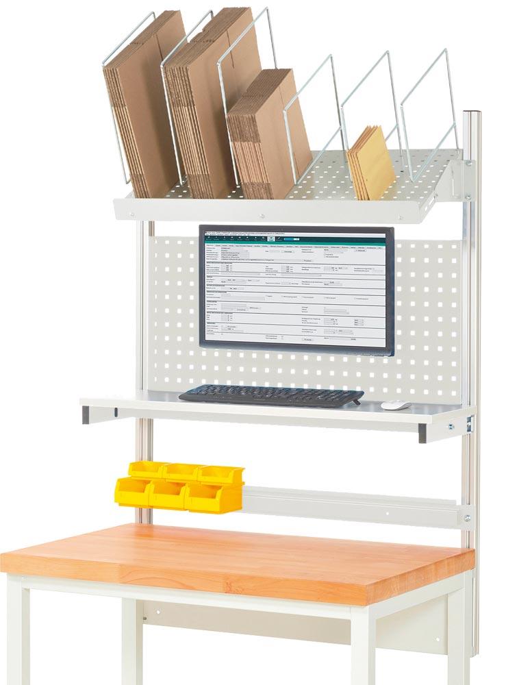 Aufbau für Werkbank B 1000 mm mit Etagenbord, Lochplatte H 450 mm, Montageadapter, Kartonagemagazin,Halteschiene, RAL 7035