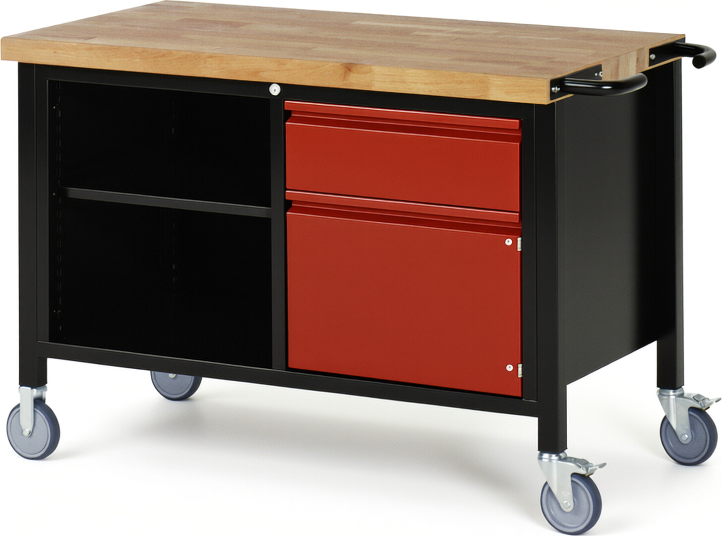 RAU Werkbank schwarz - rot - Breite 125 cm - Tiefe 70 cm - Höhe 88 cm - Buche-Massiv Arbeitsplatte 40 mm