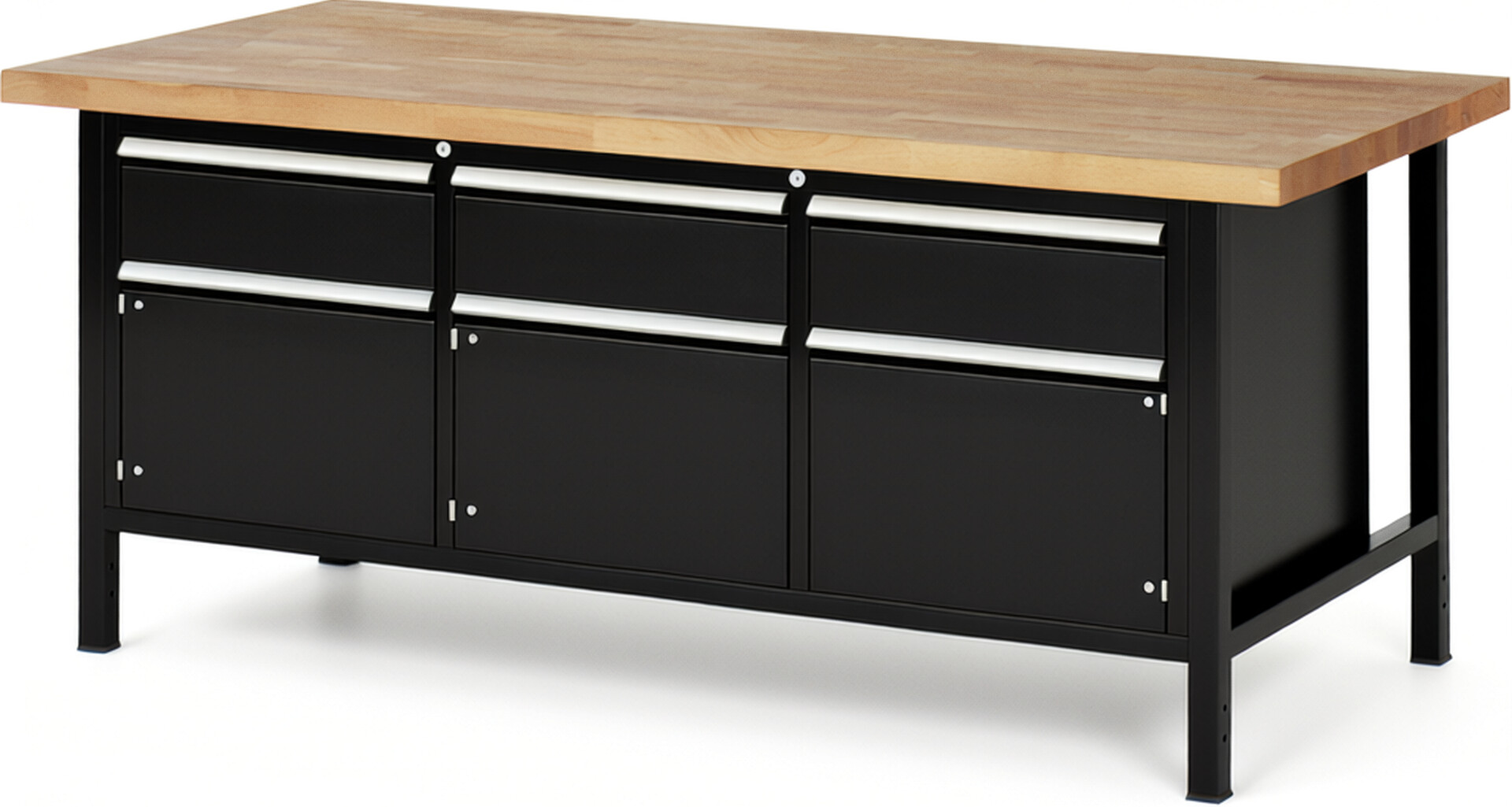 Werkbank Modell 8567 schwarz, BxTxH 2000x900x840-1040 mm,  Buche-Massiv Arbeitsplatte 40 mm,  3 Schubladen mit  Vollauszug 100 % und  SoftClosing