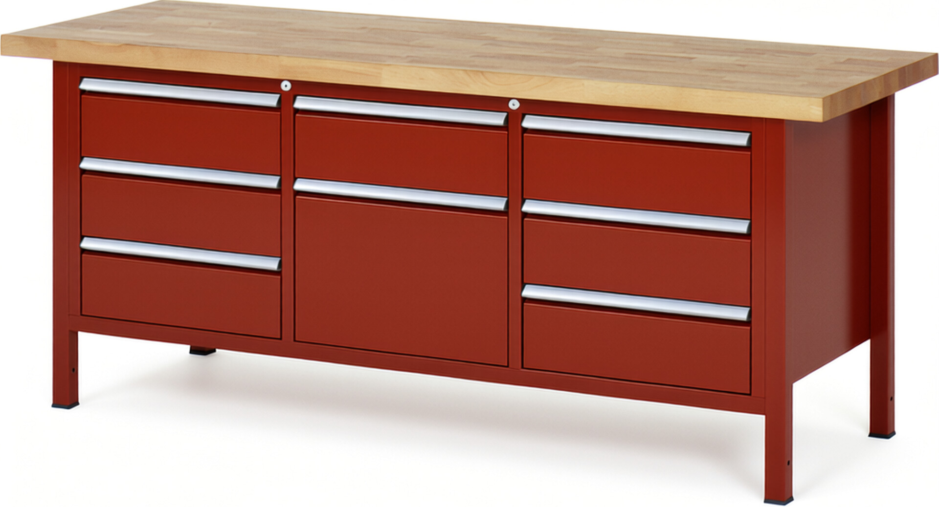 Werkbank Modell 8571 rot, BxTxH 2000x700x840-1040 mm,  Buche-Massiv Arbeitsplatte 40 mm,  8 Schubladen mit  Auszug 90 %