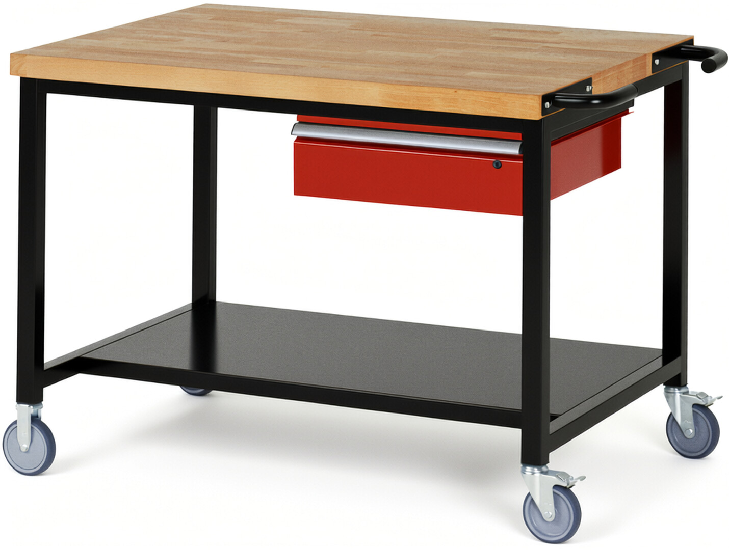 Fahrbare Werkbank Modell 8001 schwarz-rot, BxTxH 1250x900x880 mm,  Buche-Massiv Arbeitsplatte 40 mm,  1 Schublade mit  Auszug 90 %