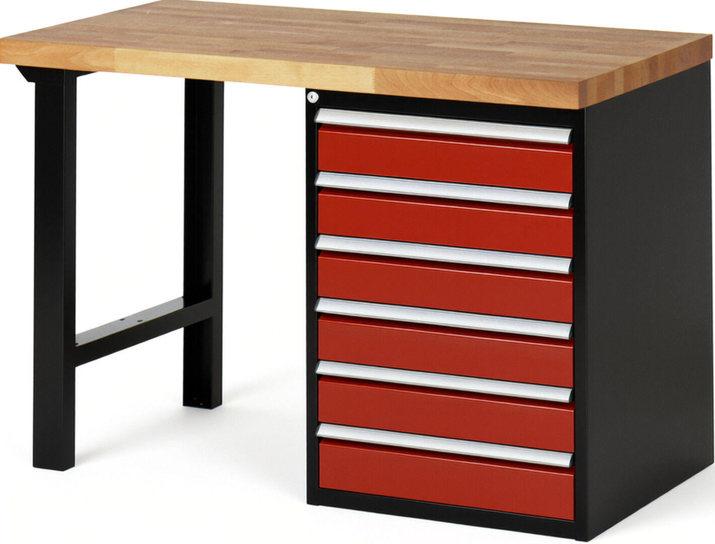 RAU Werkbank schwarz - rot - Breite 125 cm - Tiefe 70 cm - Höhe 84 cm - Buche-Massiv Arbeitsplatte 40 mm