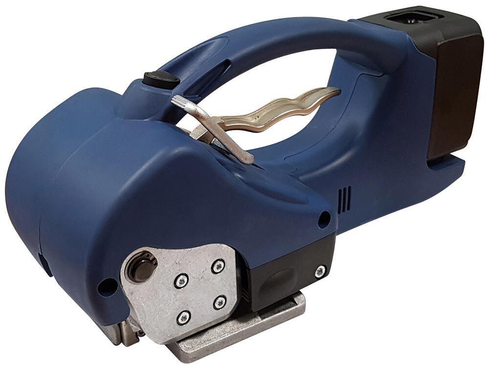 Akku-Umreifungsset, vollelektr. Umreifungsgerät 13-16 mm, Ladegerät, Akku, Abrollwagen/Kasten, 2000 Meter Polyesterband grün, 16 mm, 4000 N