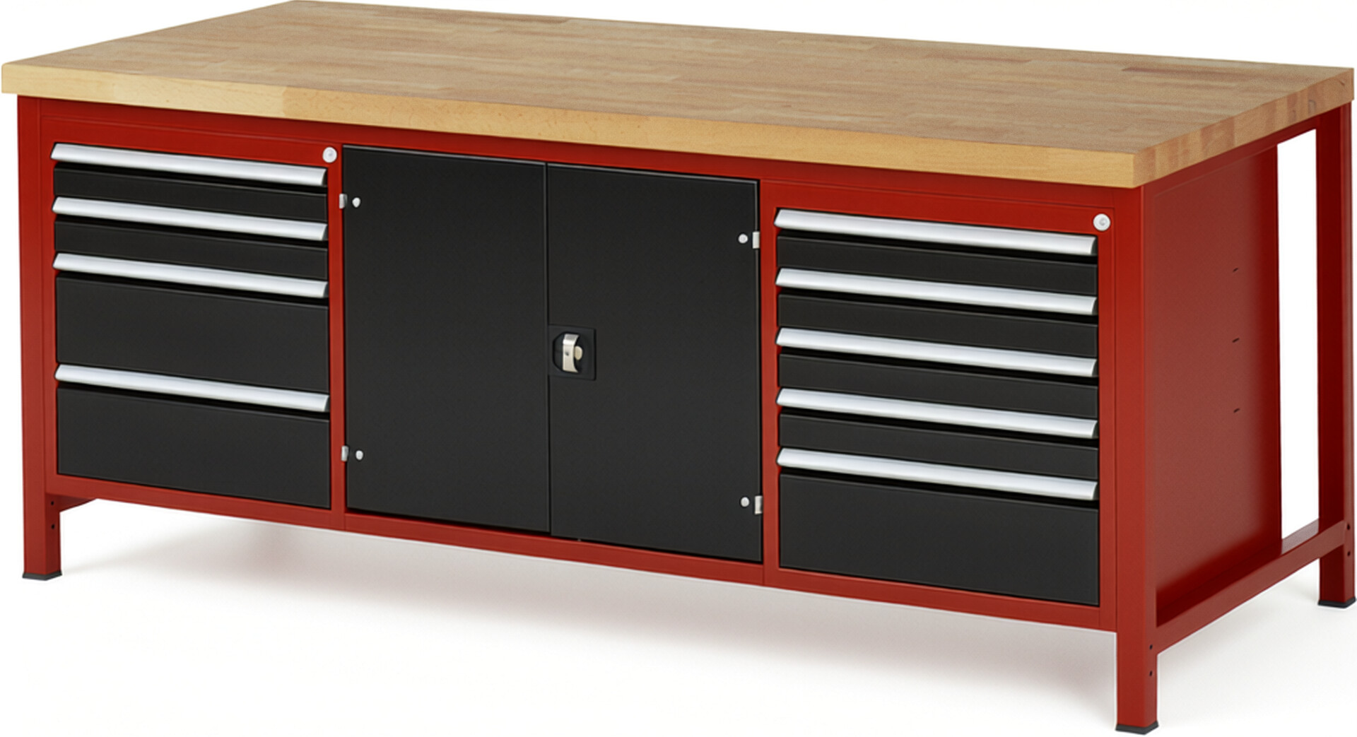 Werkbank Modell 8908 rot - schwarz, BxTxH 2000x900x840-1040 mm,  Buche-Massiv Arbeitsplatte 40 mm,  9 Schubladen mit  Vollauszug 100 % und  SoftClosing