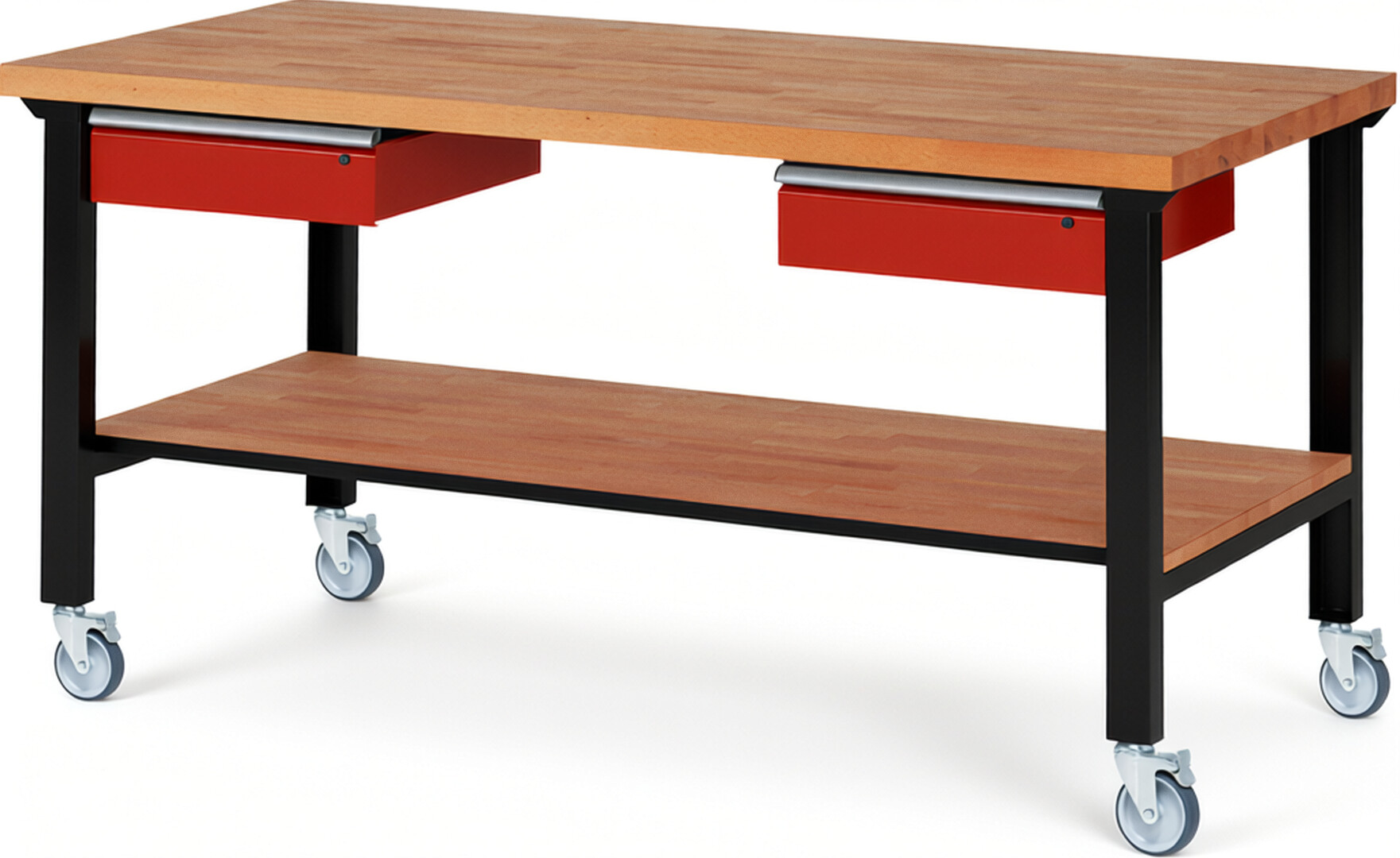 Fahrbare Werkbank Modell 7002 schwarz-rot, BxTxH 2000x900x1000 mm,  Buche-Massiv Arbeitsplatte 40 mm,  2 Schubladen mit  Auszug 90 %