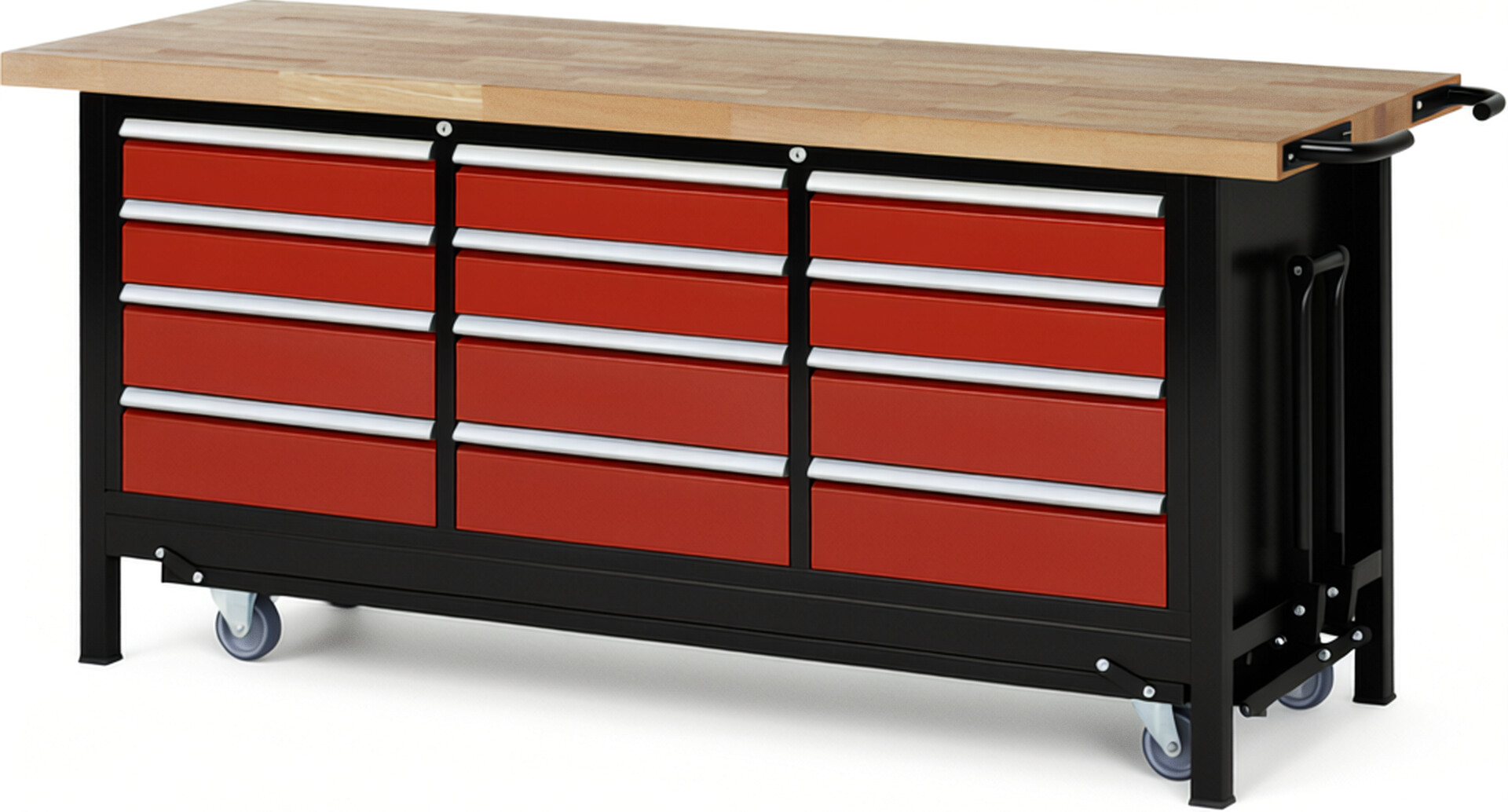 RAU Werkbank schwarz - rot - Breite 200 cm - Tiefe 70 cm - Höhe 88 cm - Buche-Massiv Arbeitsplatte 40 mm