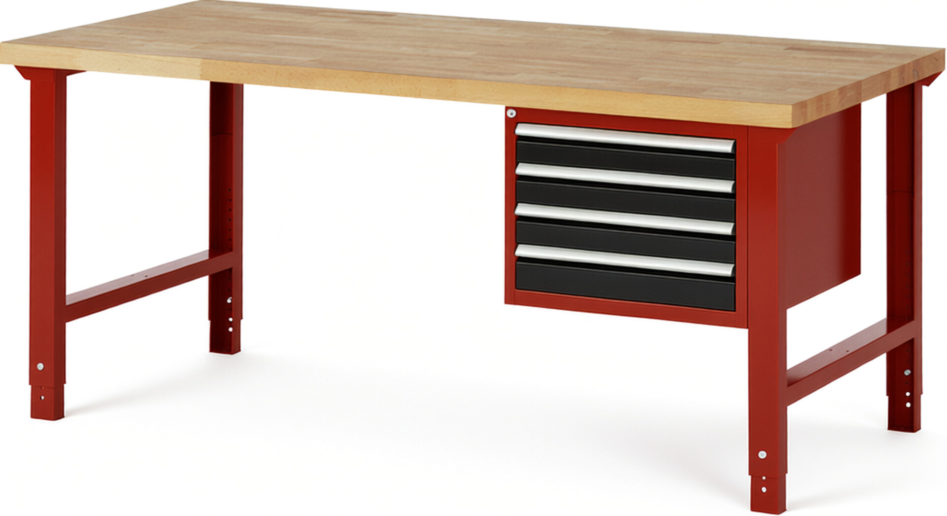 Werkbank Modell 7133 rot - schwarz, BxTxH 2000x900x790-1140 mm,  Buche-Massiv Arbeitsplatte 40 mm,  4 Schubladen mit  Auszug 90 %
