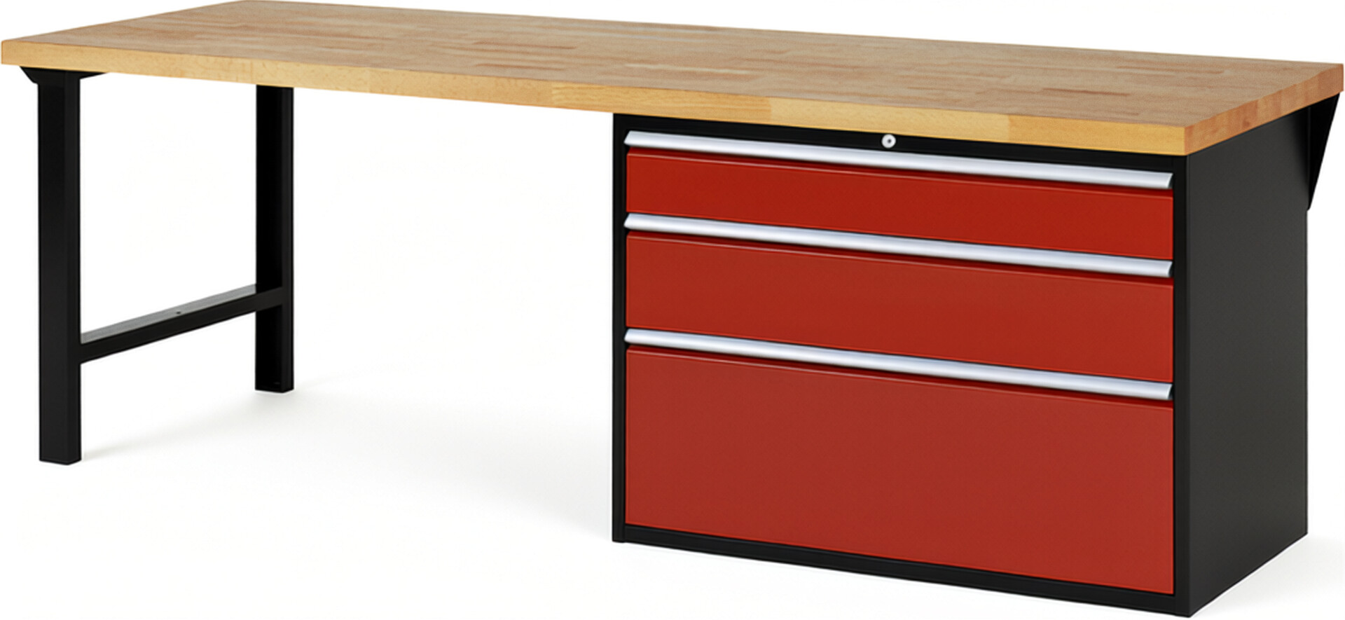 RAU Werkbank schwarz - rot - Breite 250 cm - Tiefe 90 cm - Höhe 89 cm - Buche-Massiv Arbeitsplatte 40 mm