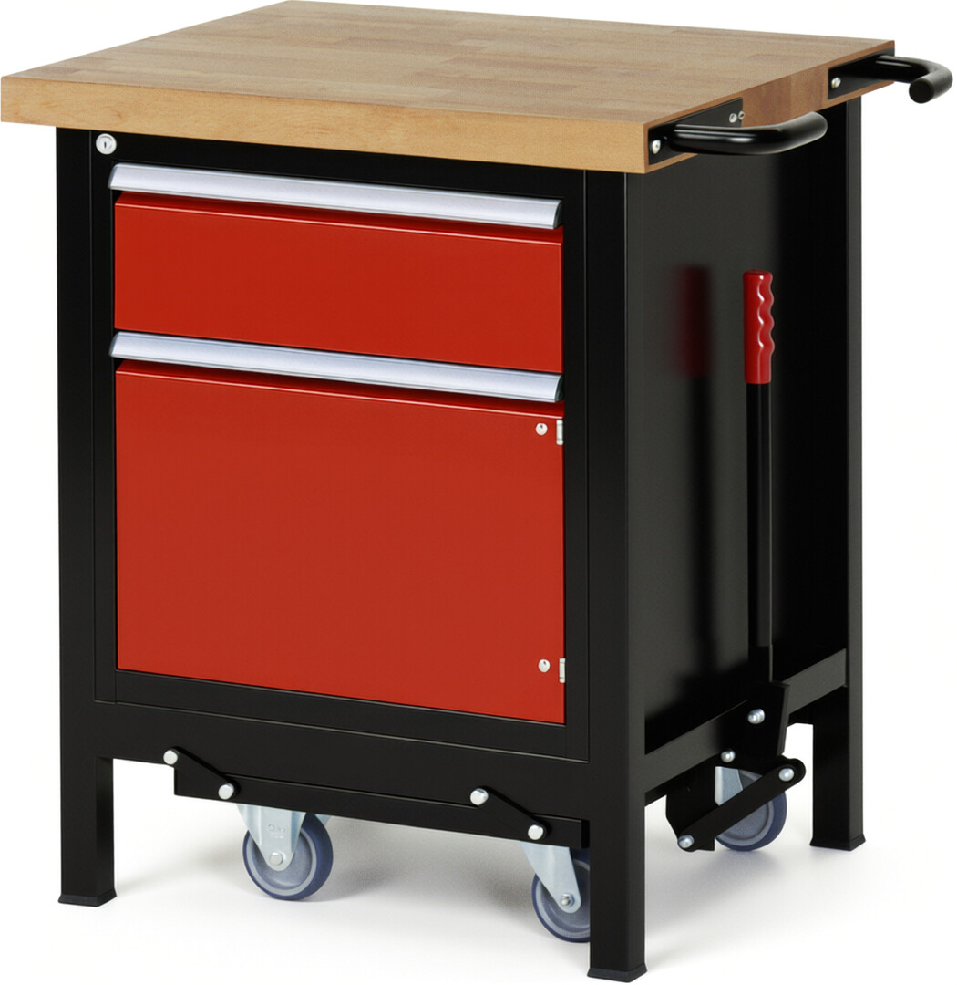 RAU Werkbank schwarz - rot - Breite 75 cm - Tiefe 70 cm - Höhe 88 cm - Buche-Massiv Arbeitsplatte 40 mm