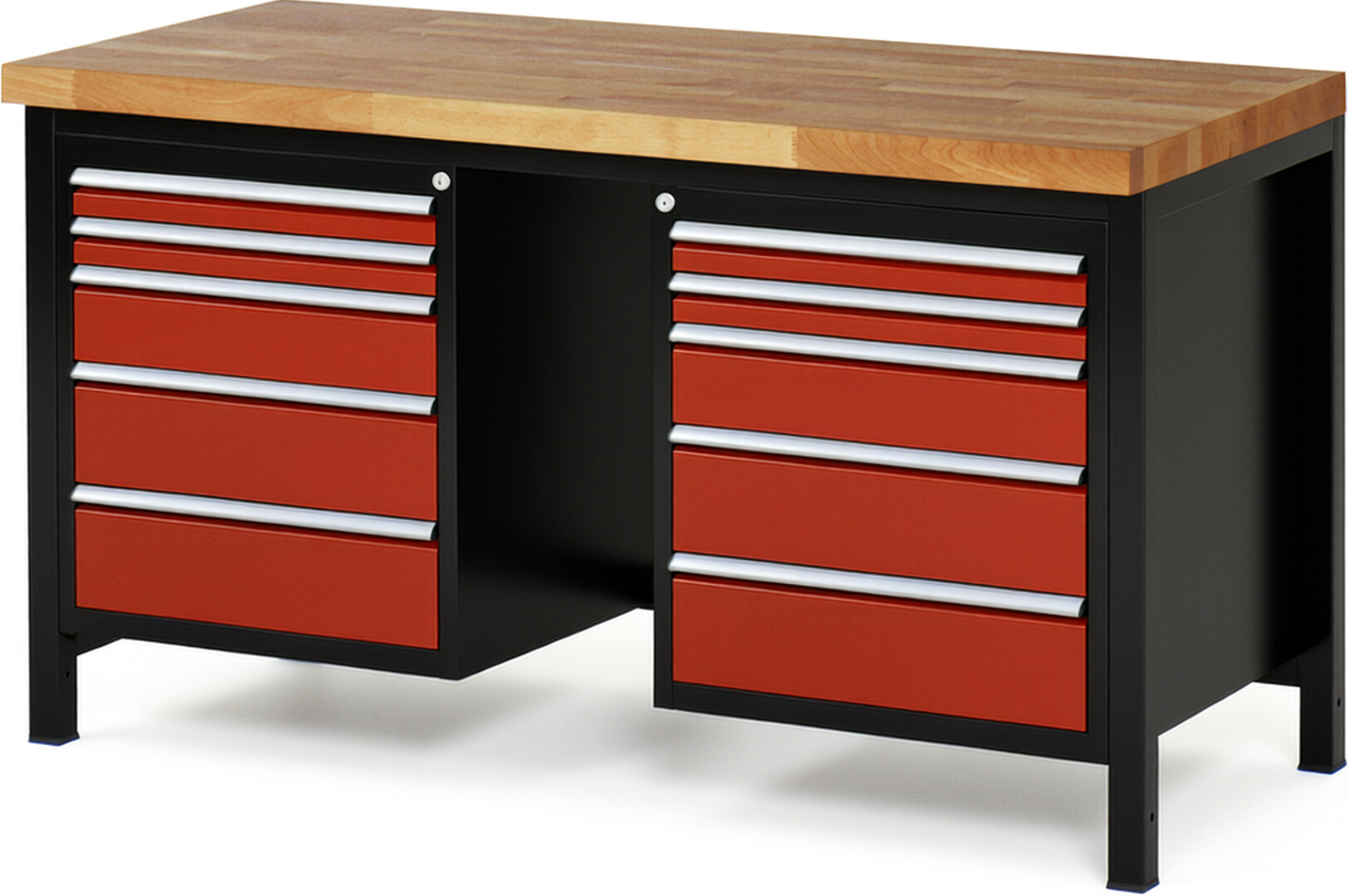Werkbank Modell 8184 schwarz-rot, BxTxH 1500x700x840-1040 mm,  Buche-Massiv Arbeitsplatte 40 mm,  10 Schubladen mit  Auszug 90 %