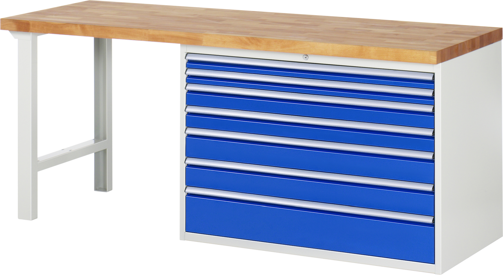 Werkbank Modell 7717 rot - schwarz, BxTxH 2000x700x890 mm,  Buche-Massiv Arbeitsplatte 40 mm,  7 Schubladen mit  Vollauszug 100 % und  SoftClosing