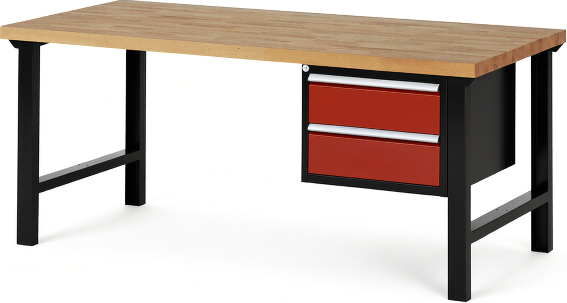 RAU Werkbank schwarz - rot - Breite 200 cm - Tiefe 90 cm - Höhe 84 cm - Buche-Massiv Arbeitsplatte 40 mm