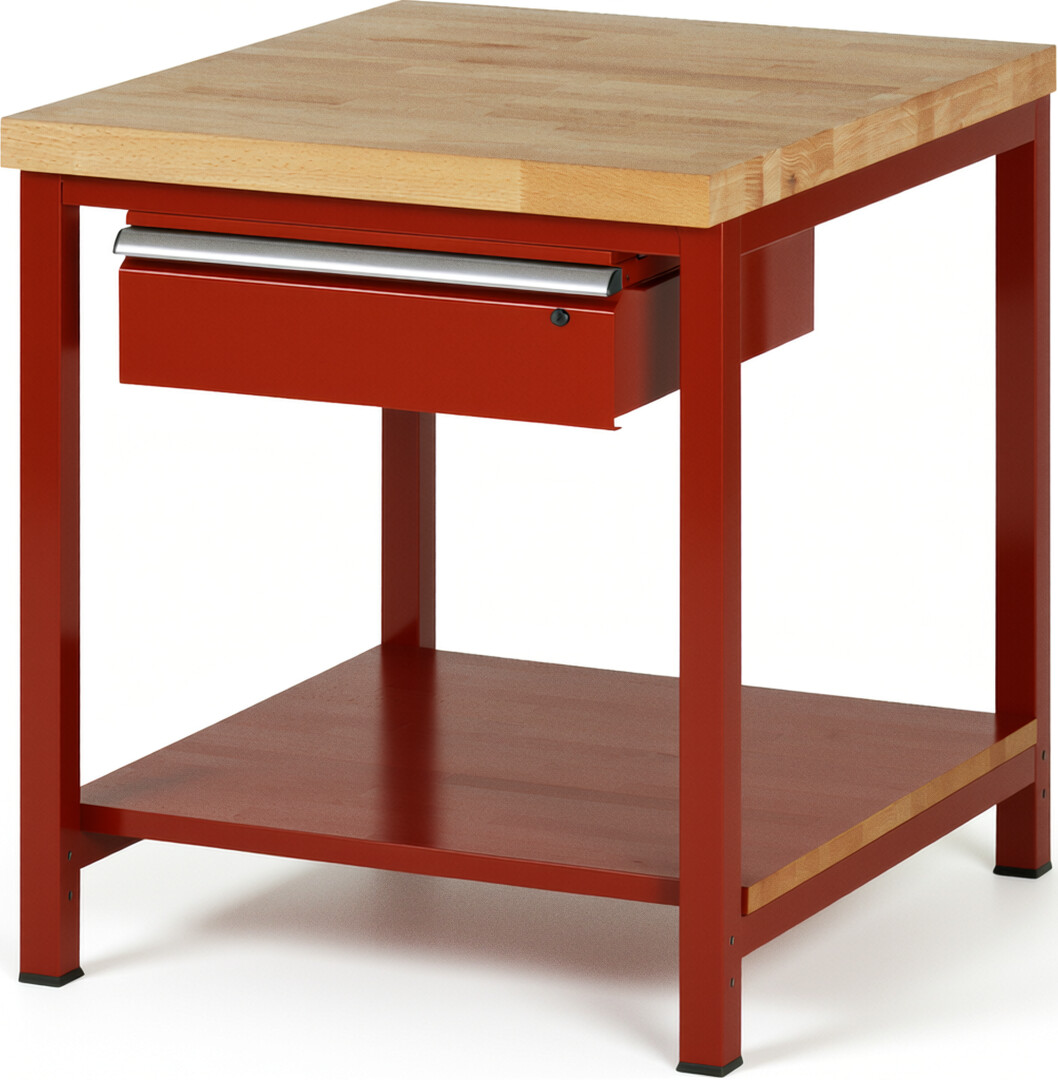 Werkbank Modell 8001 rot, BxTxH 750x900x840-1040 mm,  Buche-Massiv Arbeitsplatte 40 mm,  1 Schublade mit  Auszug 90 %