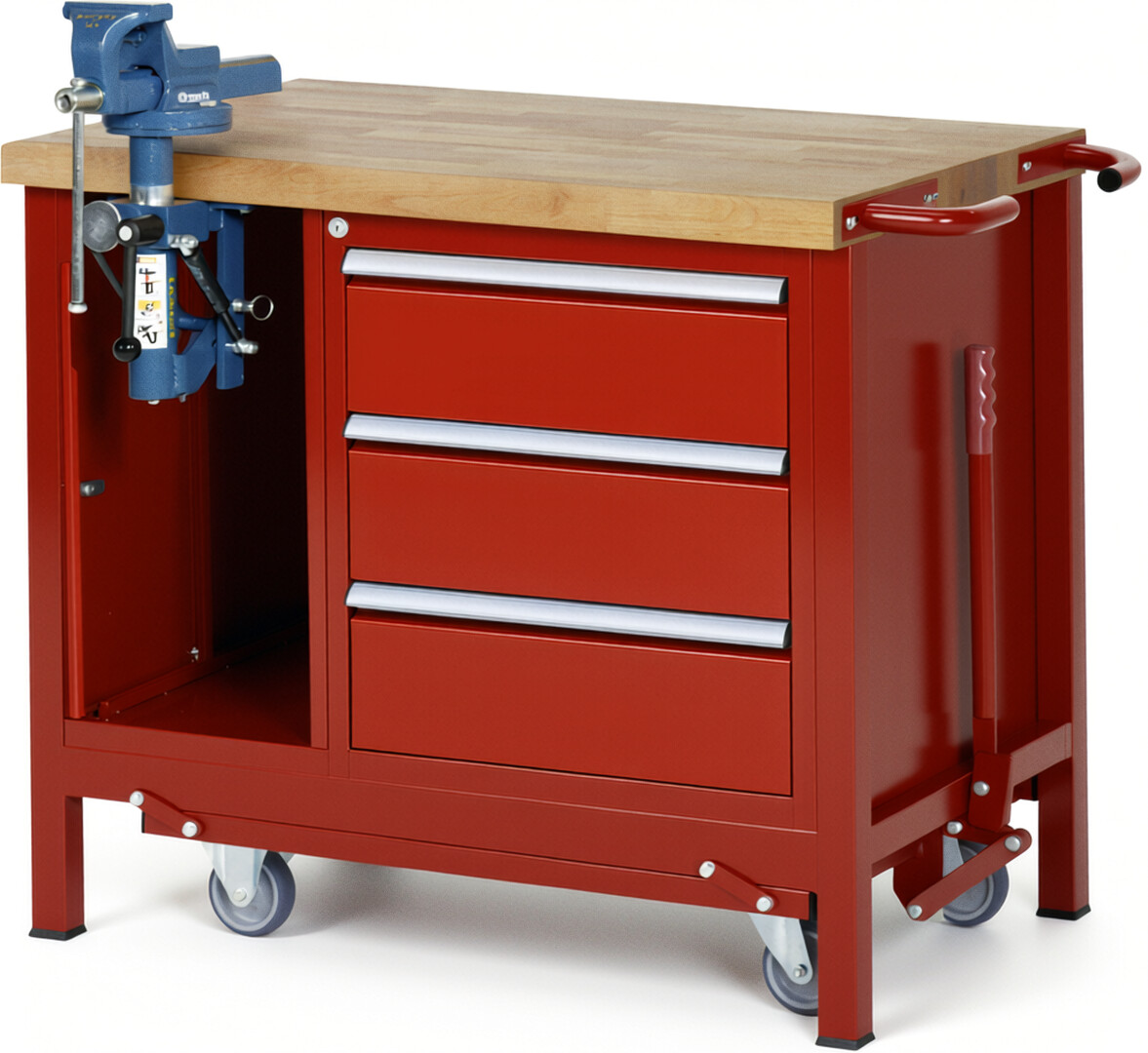 RAU Werkbank rot - Breite 100 cm - Tiefe 70 cm - Höhe 88 cm - Buche-Massiv Arbeitsplatte 40 mm