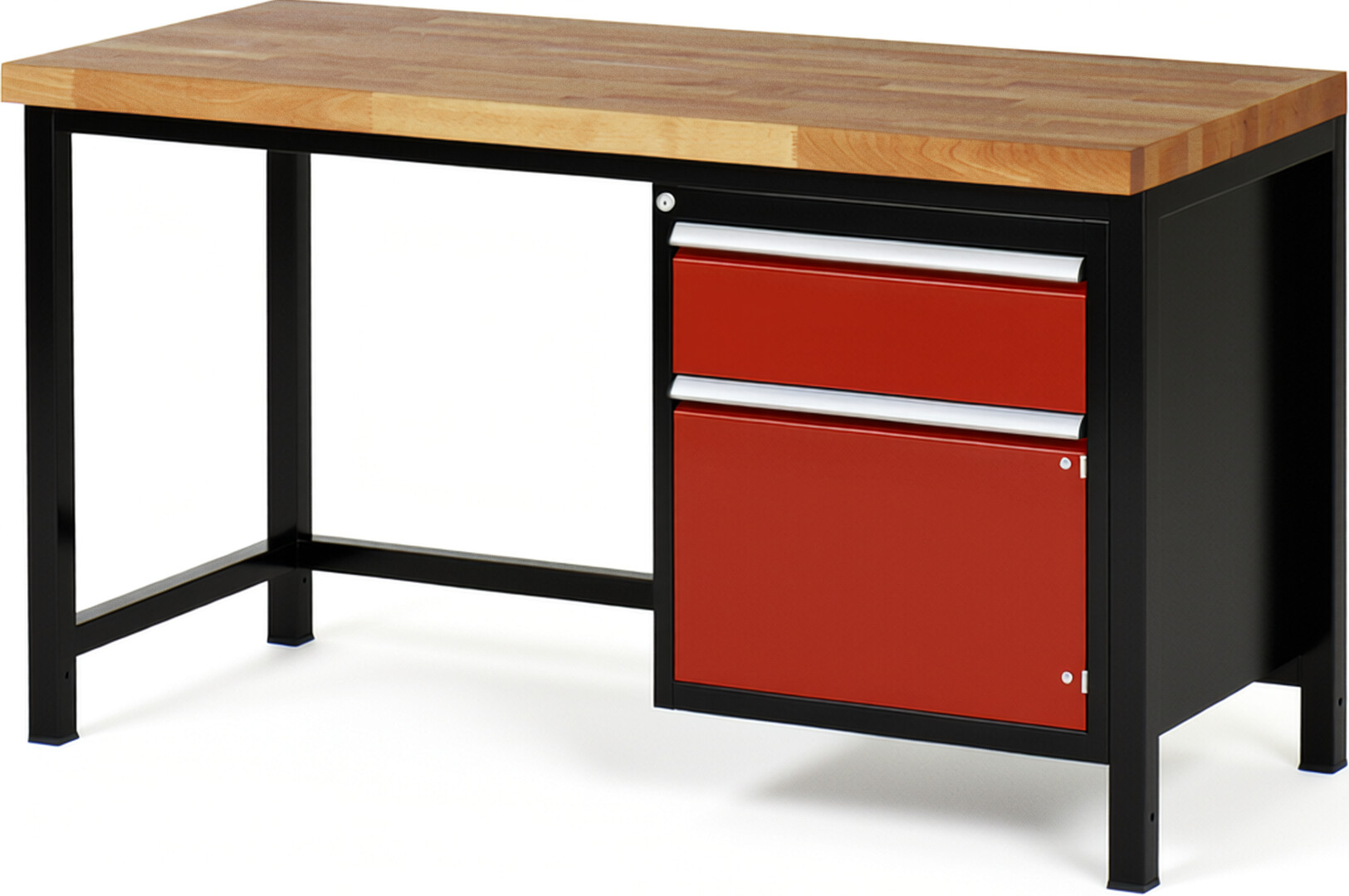 RAU Werkbank schwarz - rot - Breite 150 cm - Tiefe 70 cm - Höhe 104 cm - Buche-Massiv Arbeitsplatte 40 mm