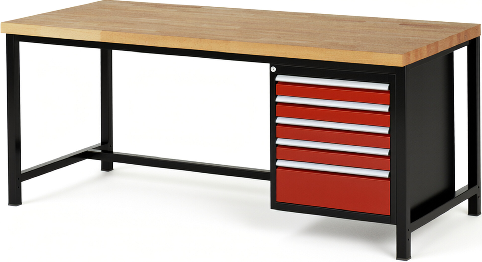 RAU Werkbank schwarz - rot - Breite 200 cm - Tiefe 90 cm - Höhe 84 cm - Buche-Massiv Arbeitsplatte 40 mm