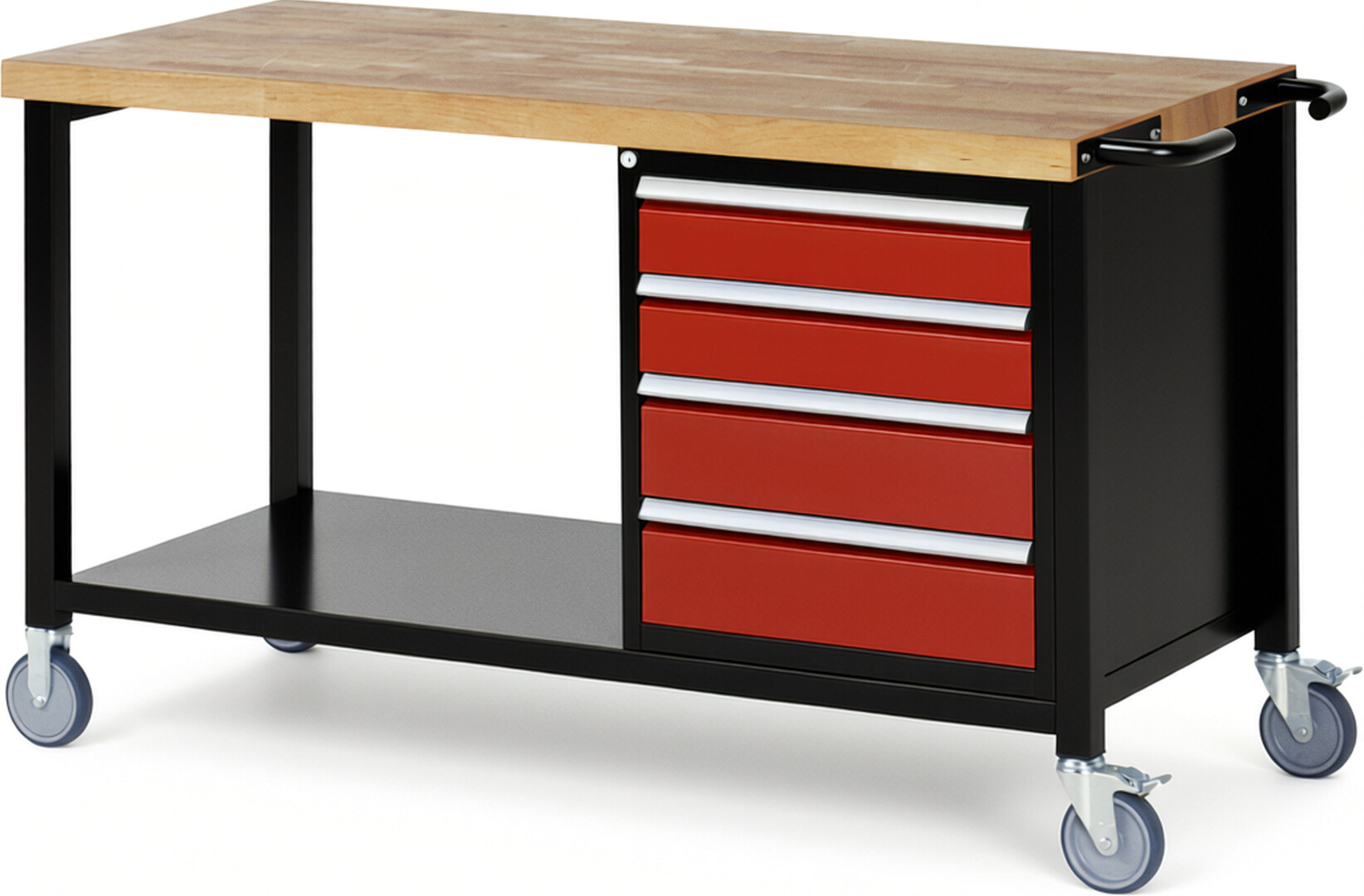 RAU Werkbank schwarz - rot - Breite 150 cm - Tiefe 70 cm - Höhe 108 cm - Buche-Massiv Arbeitsplatte 40 mm