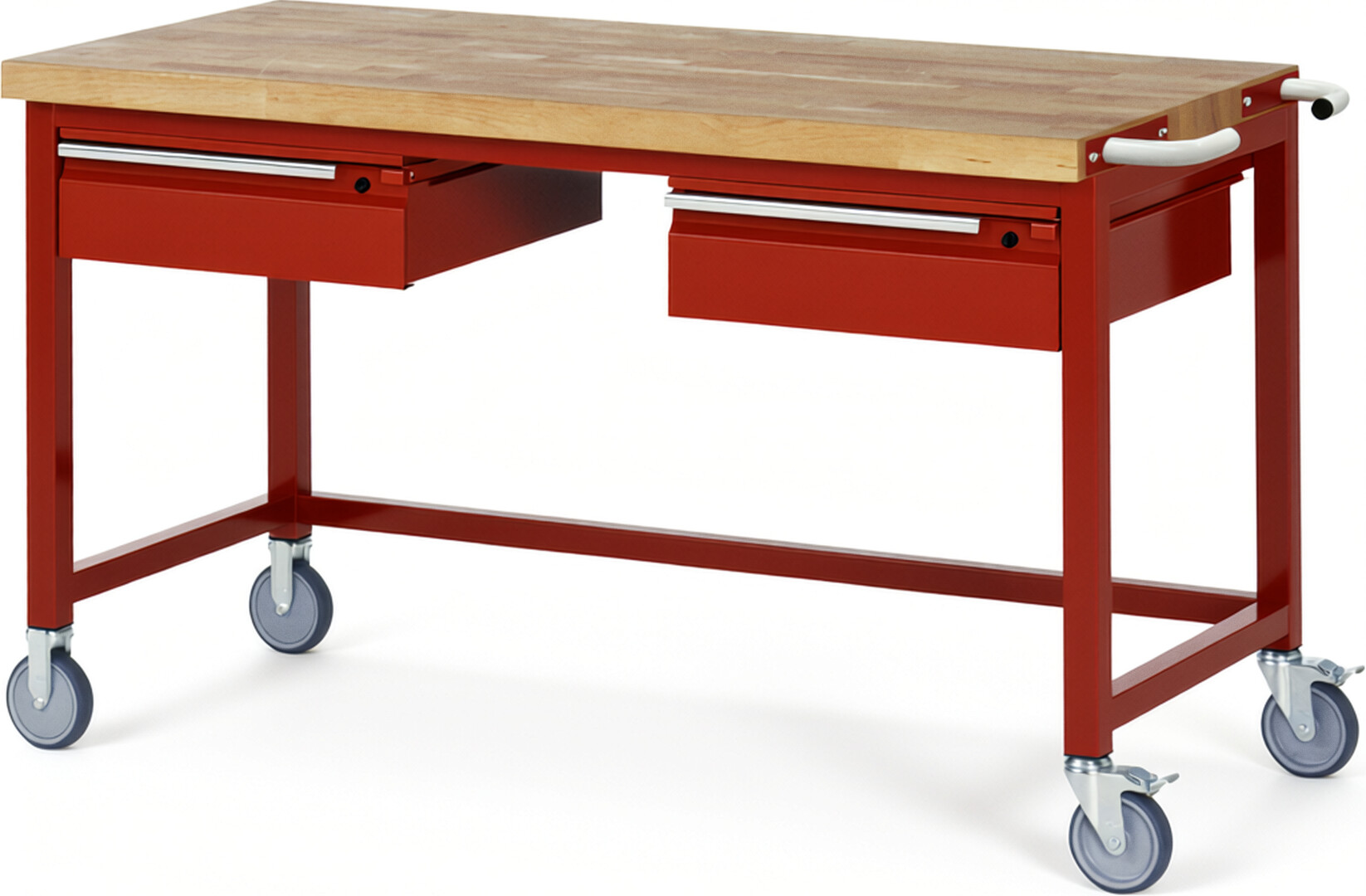 Fahrbare Werkbank - Modell 8002 BASIC rot, BxTxH 1500x700x880 mm,  Buche-Massiv Arbeitsplatte 40 mm,  2 Schubladen mit  Auszug 90 %