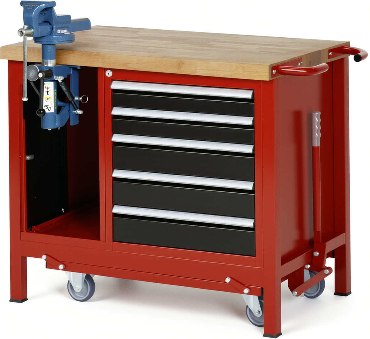 Absenkbare Werkbank Modell 8187 rot - schwarz, BxTxH 1000x700x880 mm,  Buche-Massiv Arbeitsplatte 40 mm,  5 Schubladen mit  Vollauszug 100 % und  SoftClosing